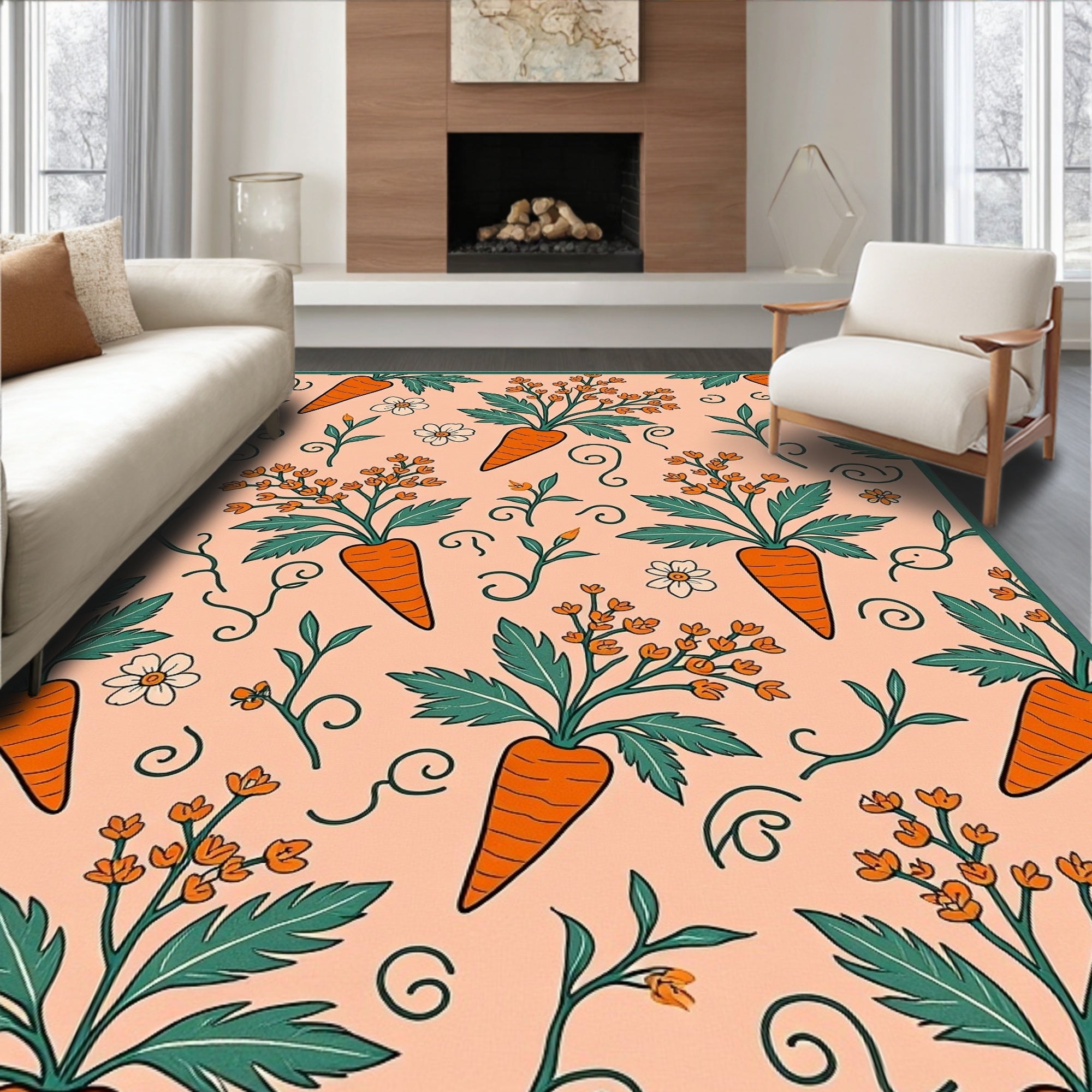 Whimsical Orange Carrot Floral Swirl Rug