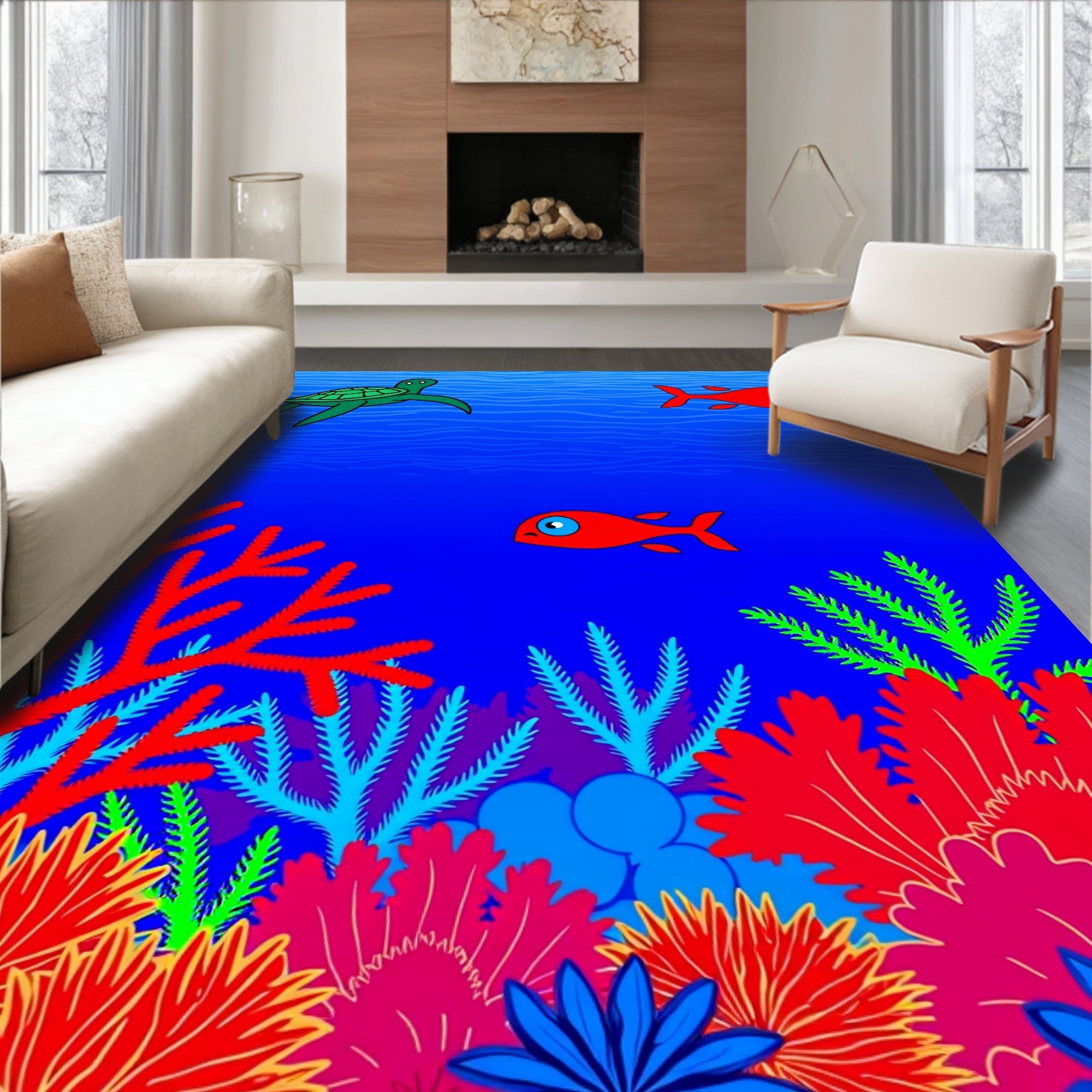 Vibrant Coral Reef Turtle Fish Rug
