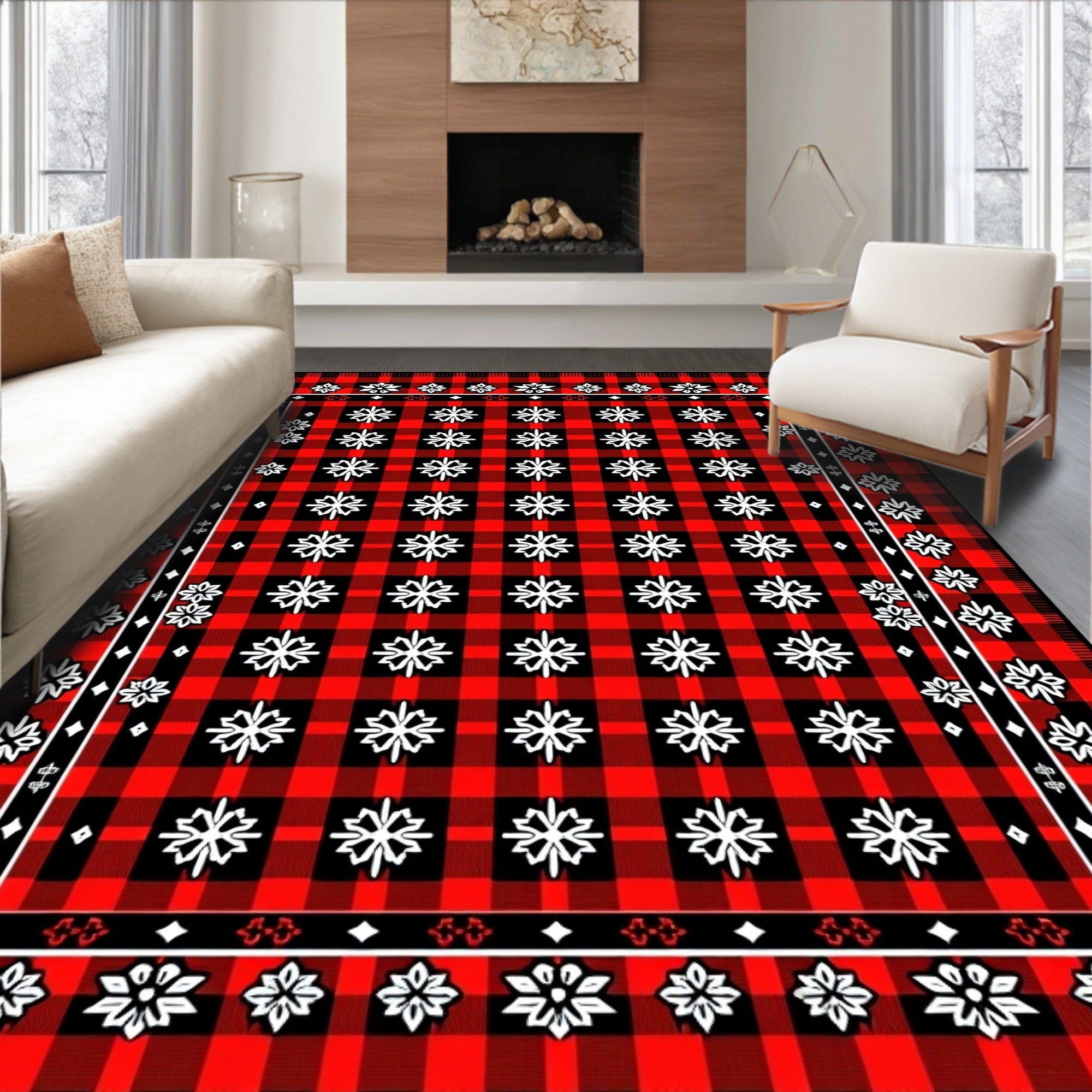 Red Black Buffalo Check Snowflake Rug