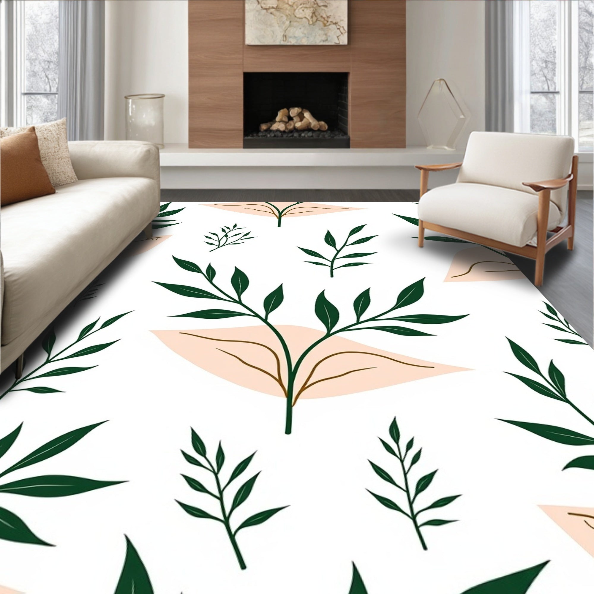 Dark Green Leafy Branches Beige Shapes Rug