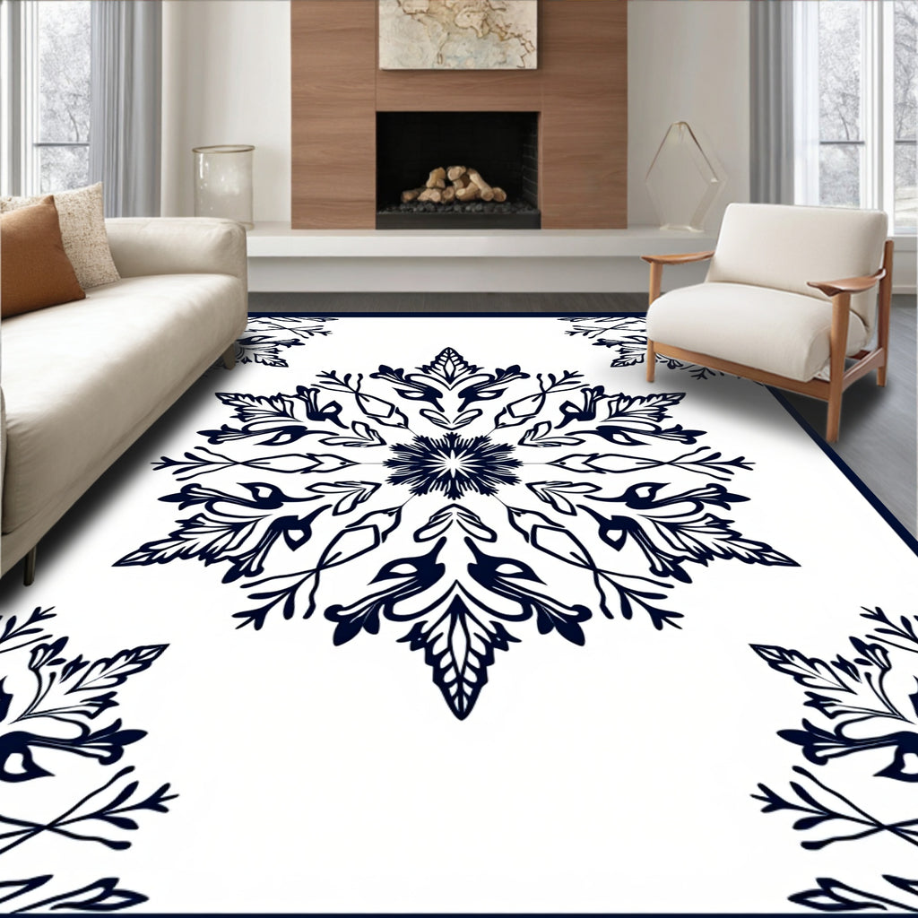 Navy Blue Floral Medallion Art Rug