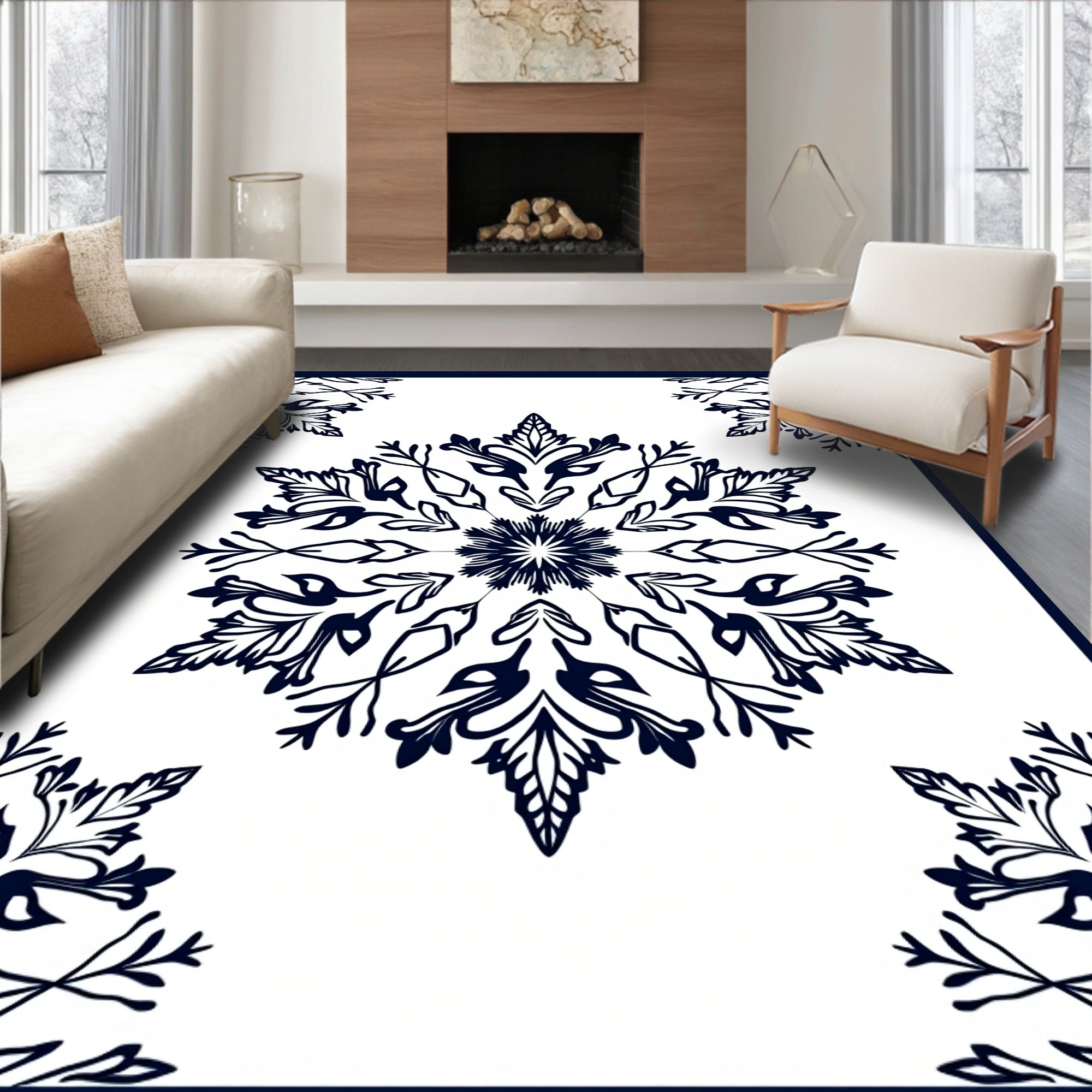 Navy Blue Floral Medallion Art Rug