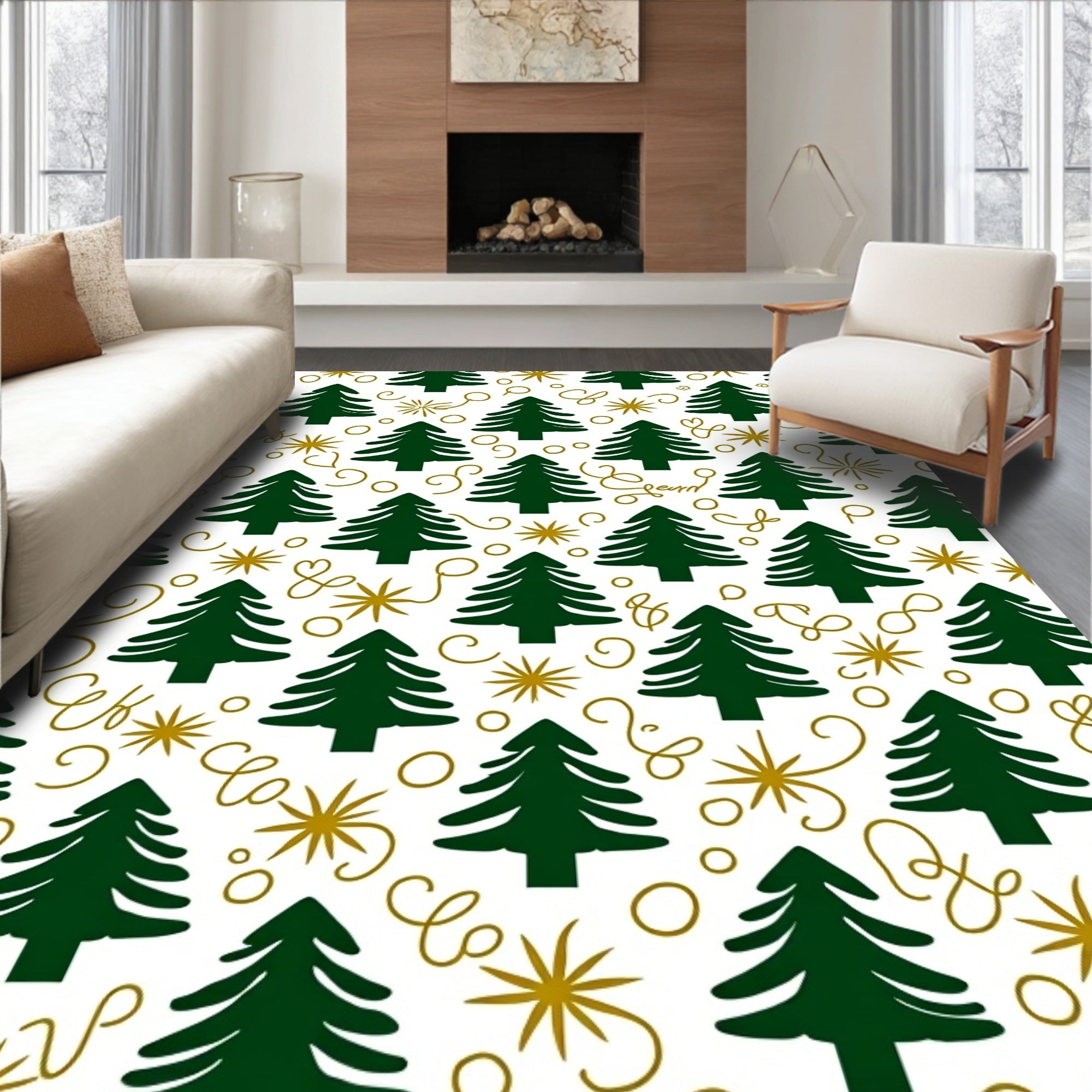 Elegant Green Trees Festive Gold Curls Rug