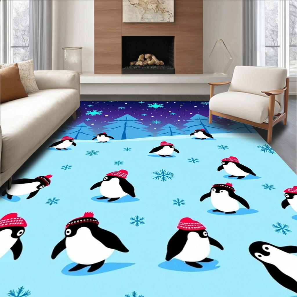 Playful Penguins Winter Snowflakes Scene Rug