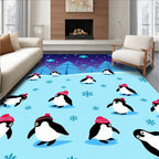 Playful Penguins Winter Snowflakes Scene Rug
