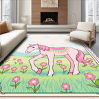 Pink Horse Meadow Floral Whimsical Scene Rug