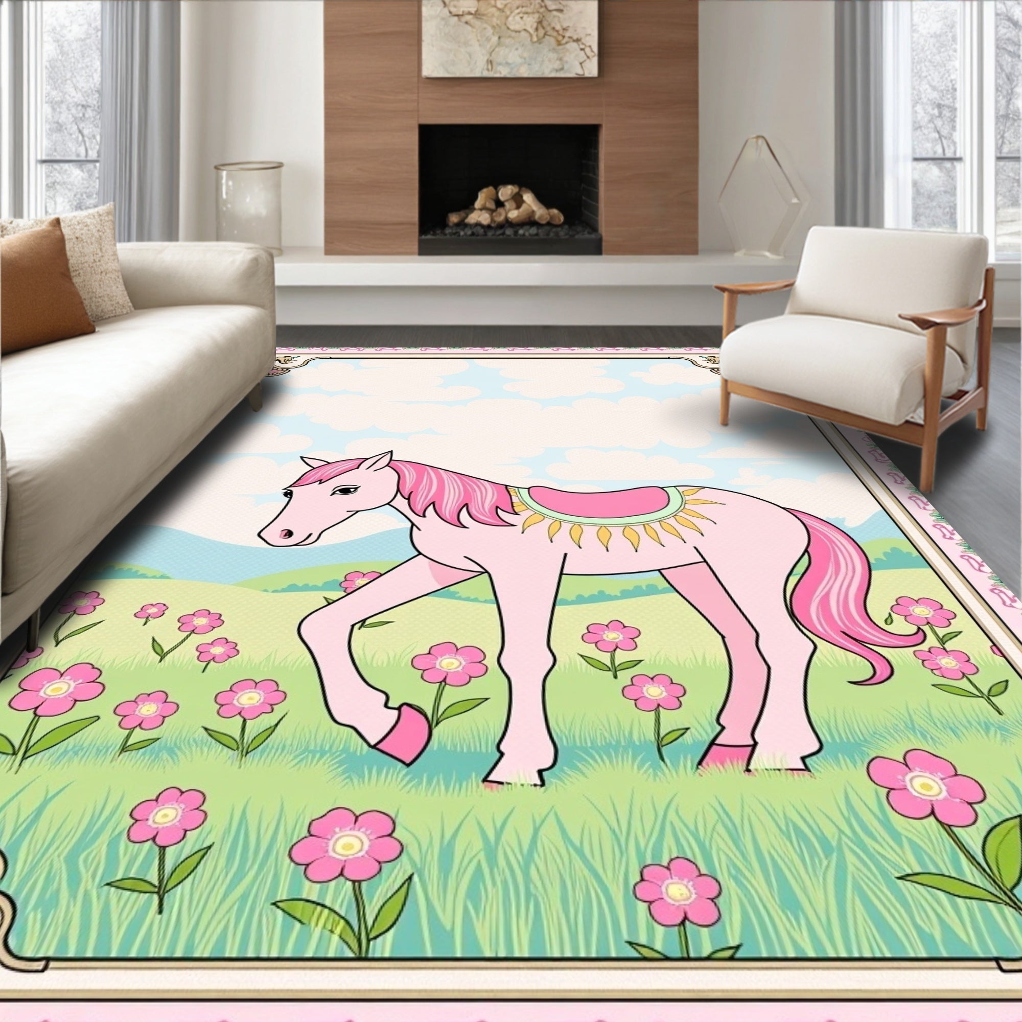 Pink Horse Meadow Floral Whimsical Scene Rug