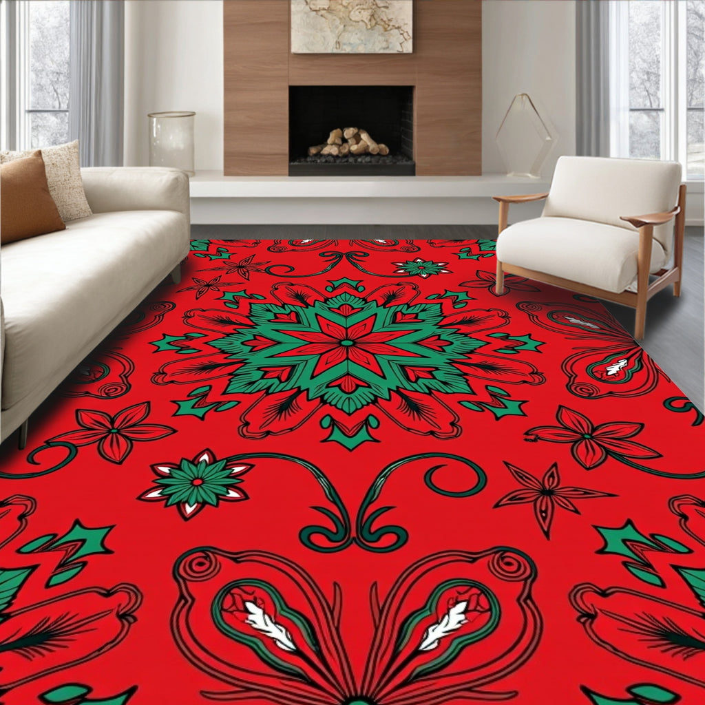 Crimson Green Starburst Floral Swirls Rug