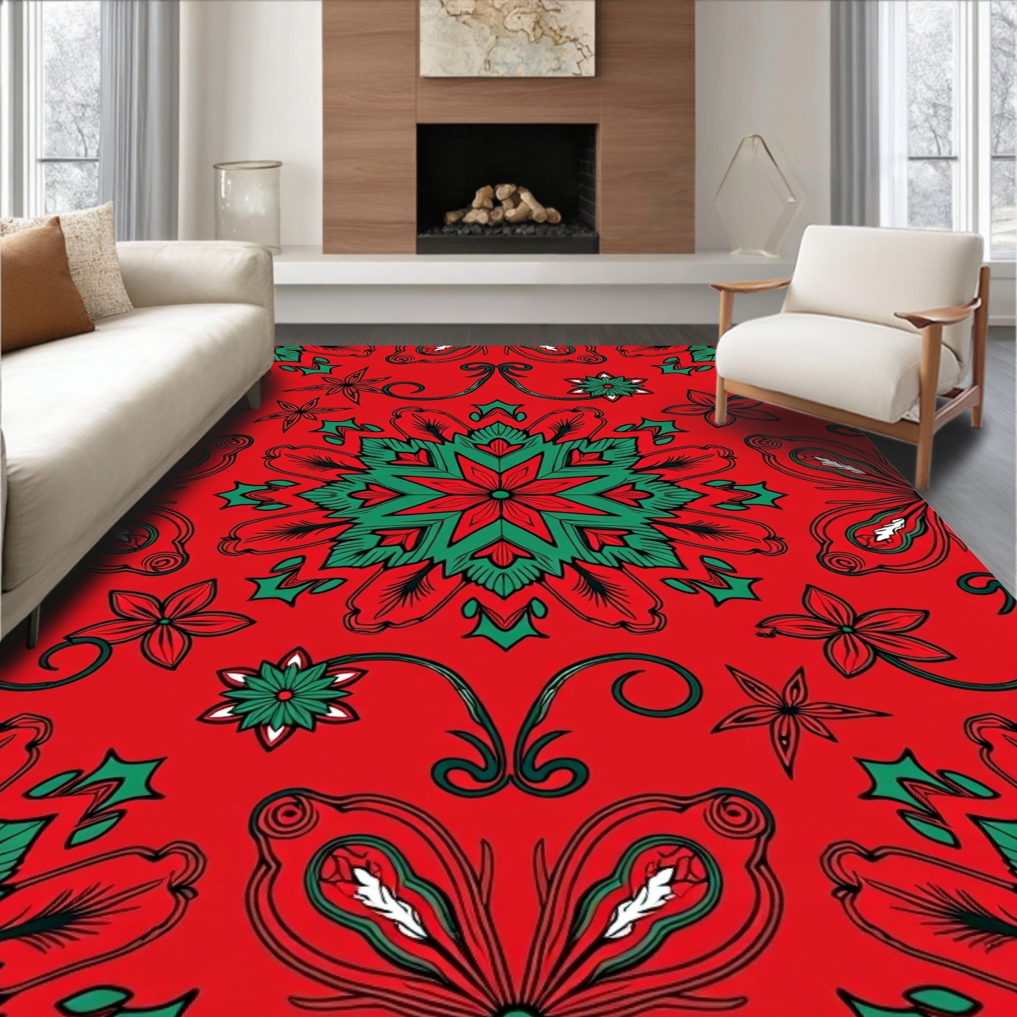 Crimson Green Starburst Floral Swirls Rug