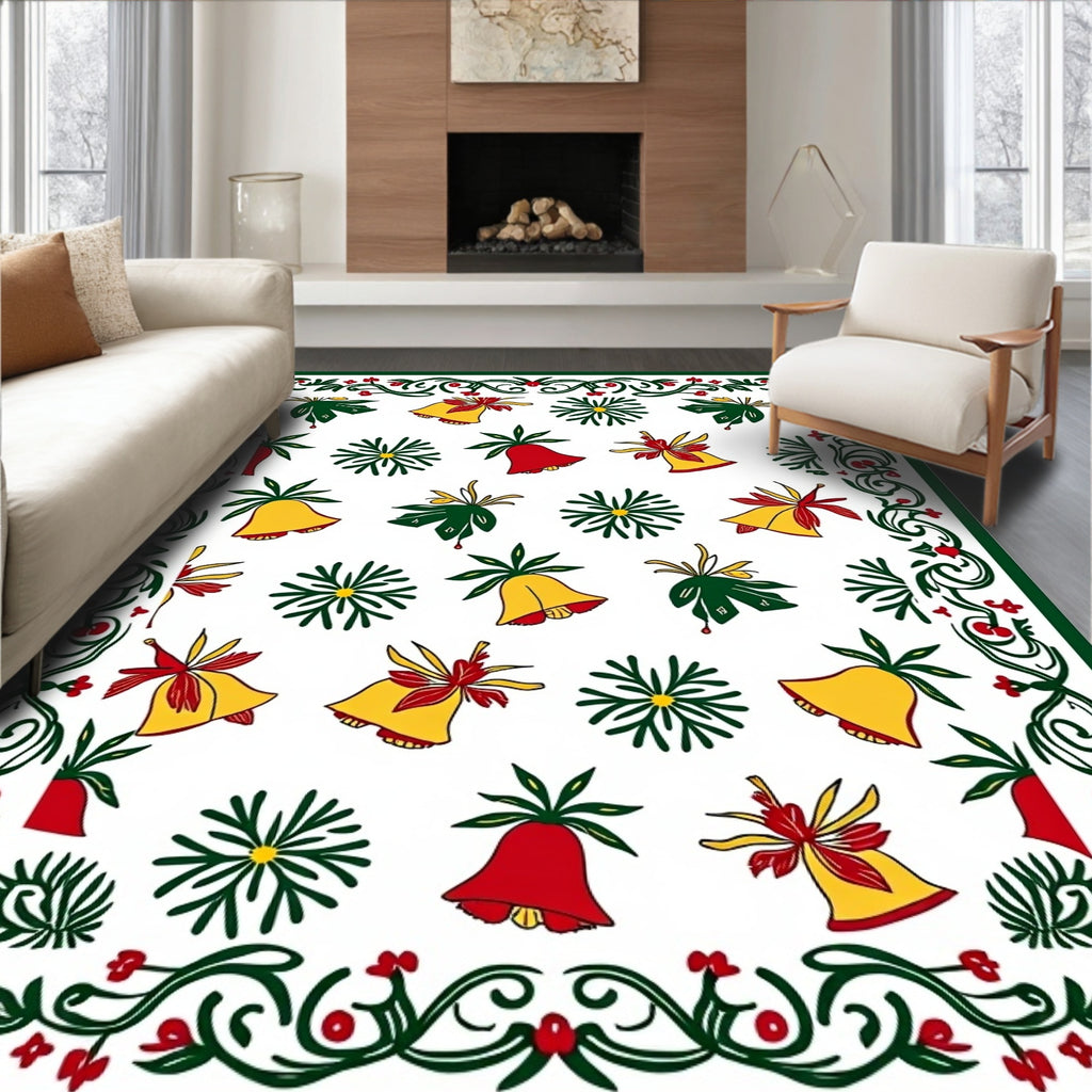 Festive Red Green Yellow Bells Border Rug