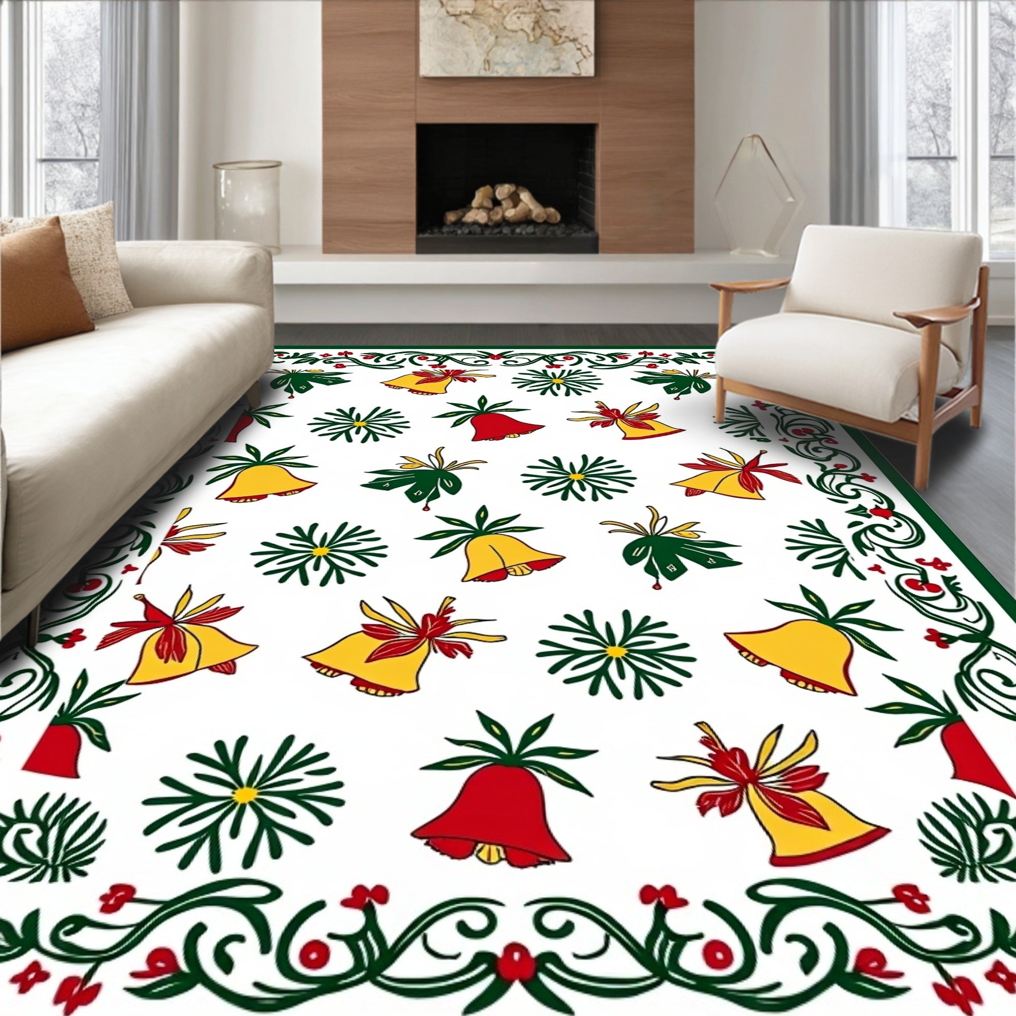 Festive Red Green Yellow Bells Border Rug