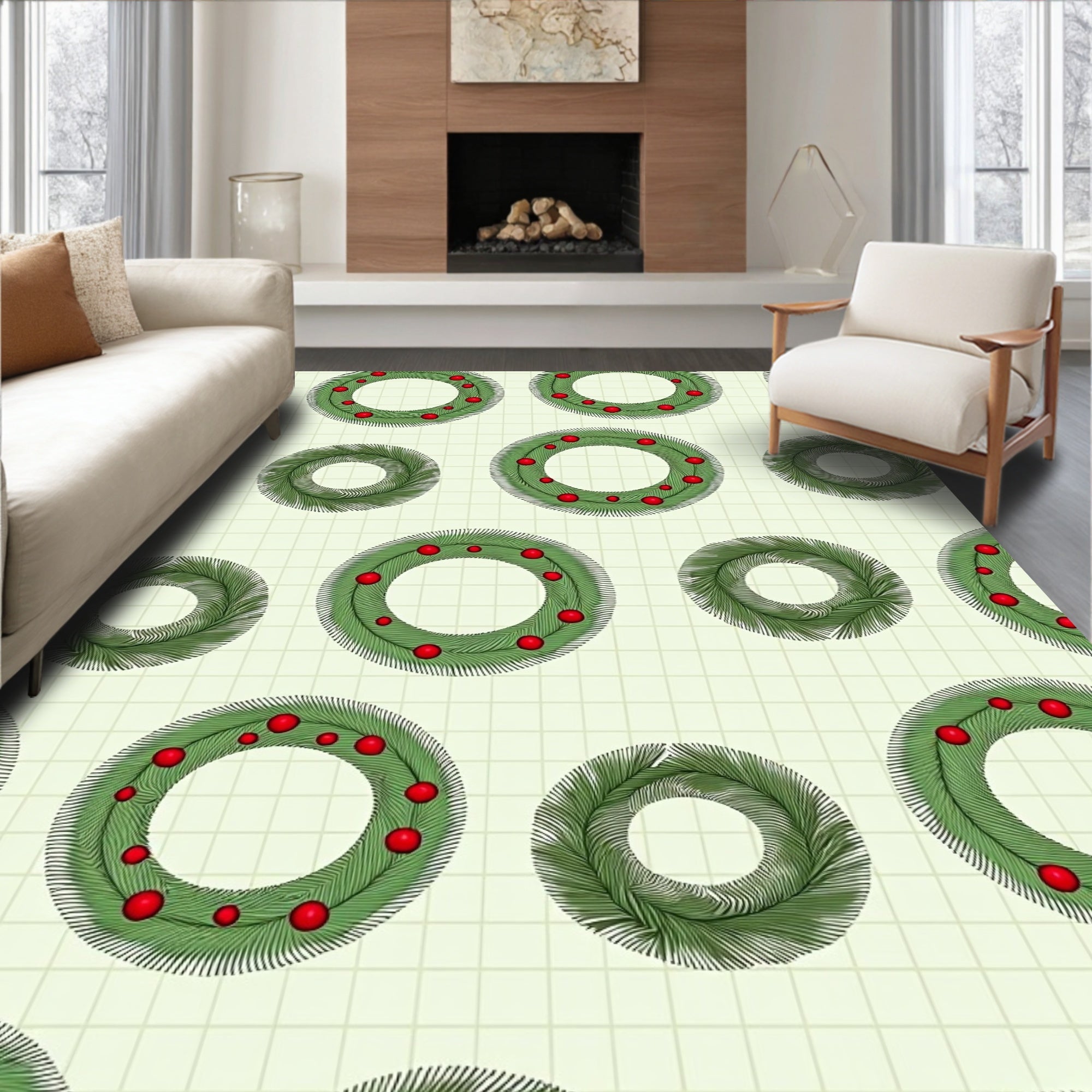 Green Pine Wreath Red Berry Scatter Rug