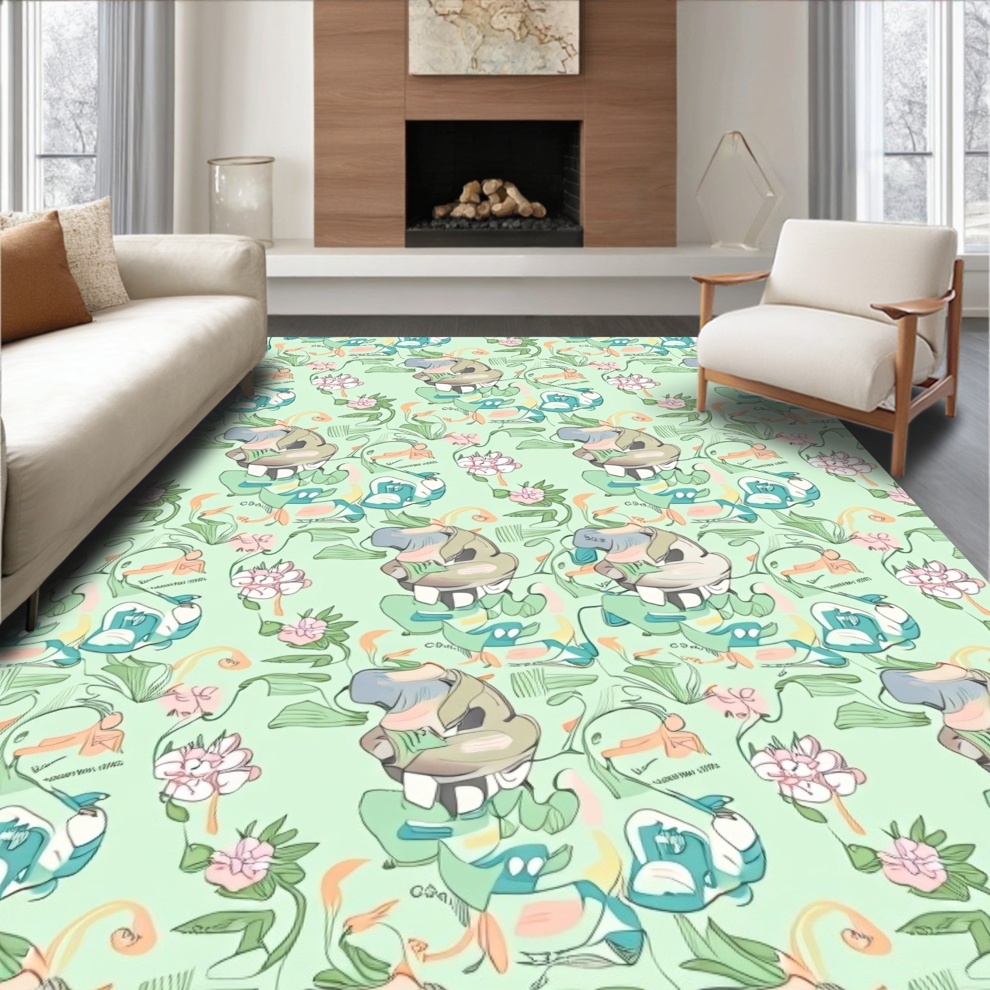 Whimsical Mint Floral Creature Garden Rug