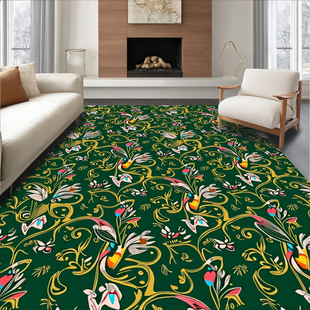 Emerald Green Tropical Bird Floral Swirls Rug