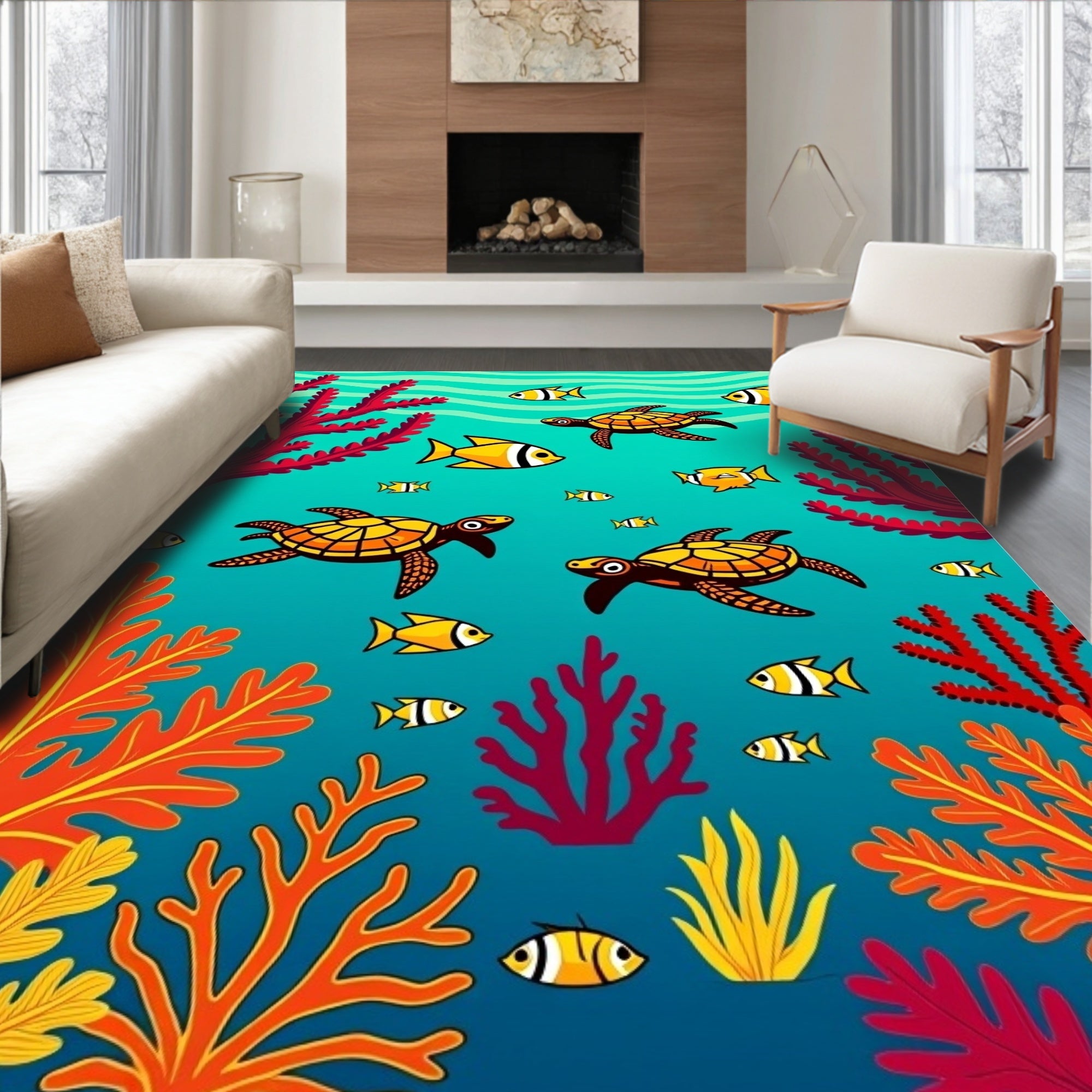Oceanic Sea Turtle School Coral Reef Rug
