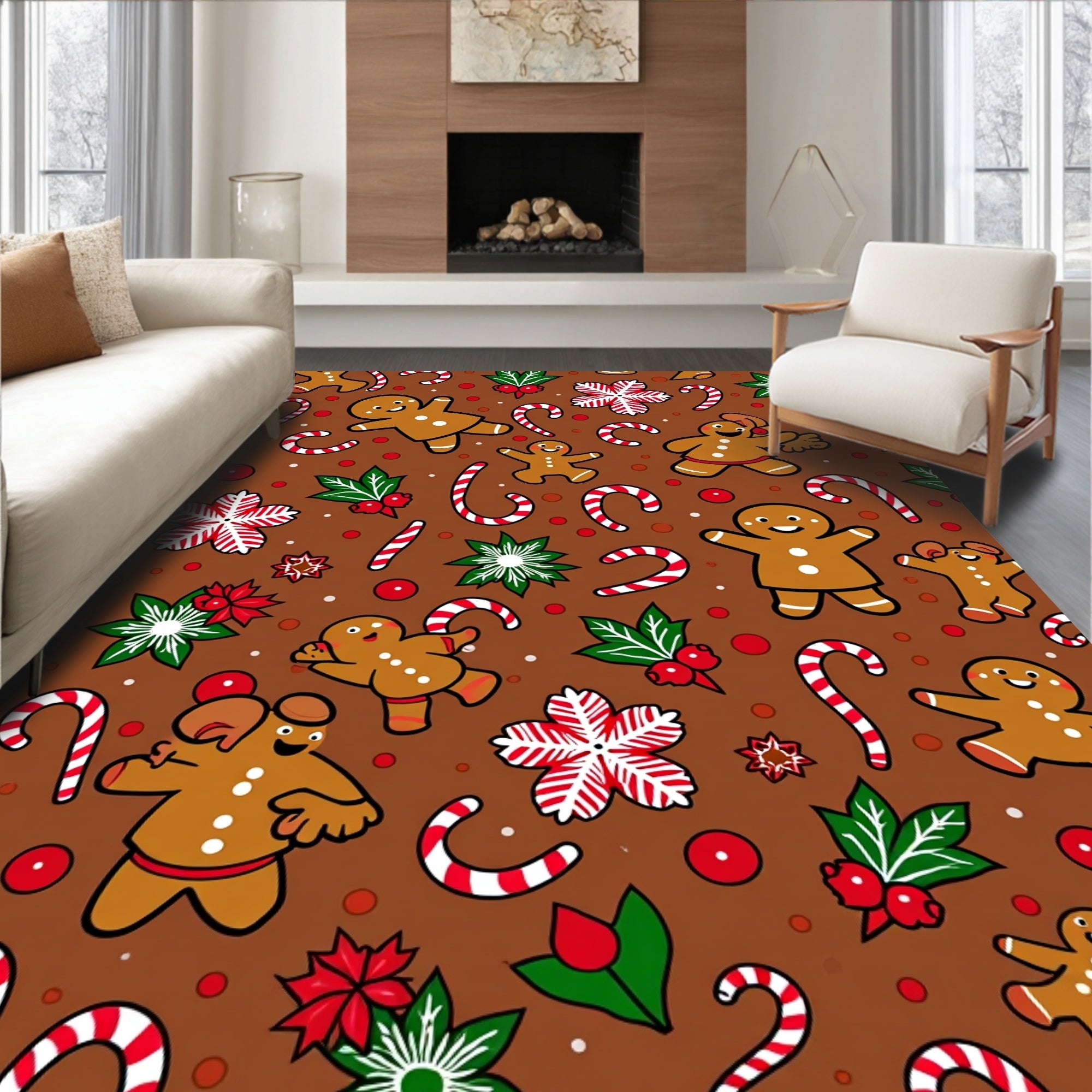 Brown Gingerbread Candy Cane Holiday Frolic Rug