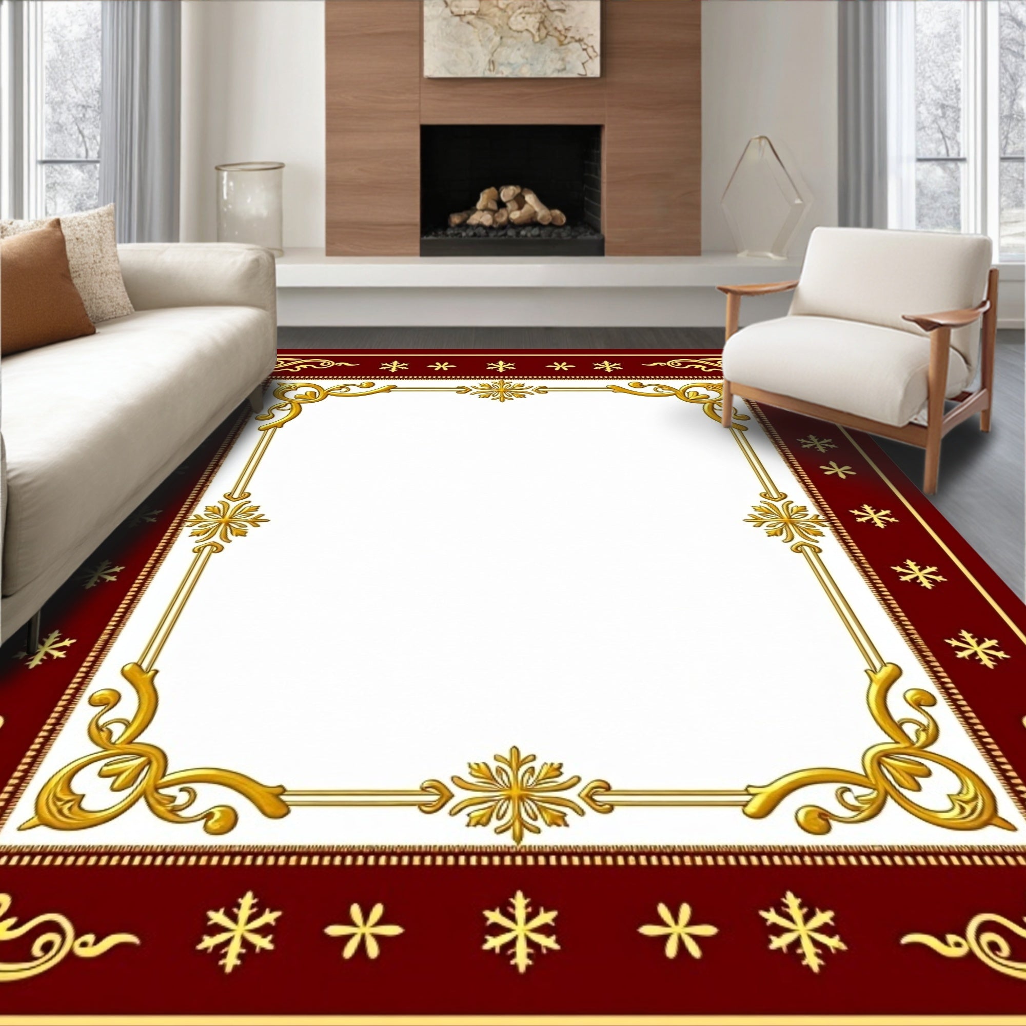 Crimson Gold Ornate Snowflake Border Rug