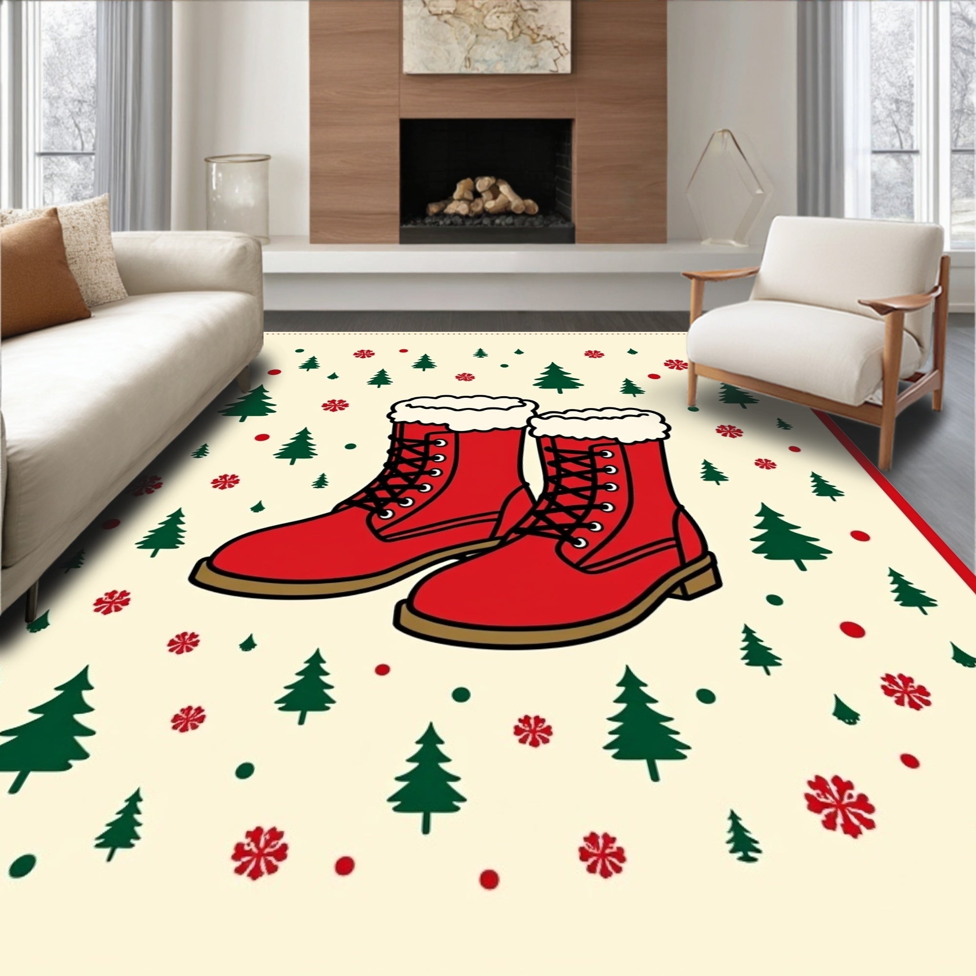 Crimson Fur-Trimmed Boots Winter Scene Rug