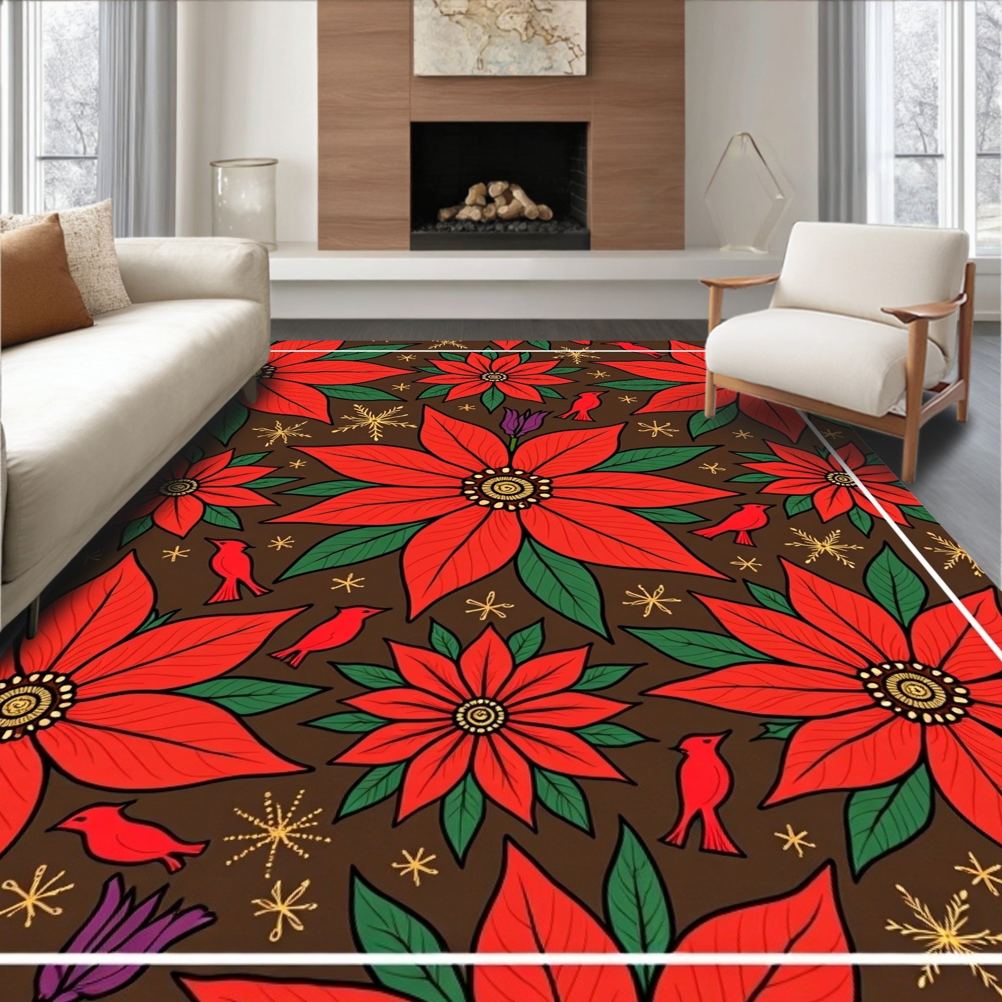 Red Poinsettia Birds Gold Snowflakes Rug