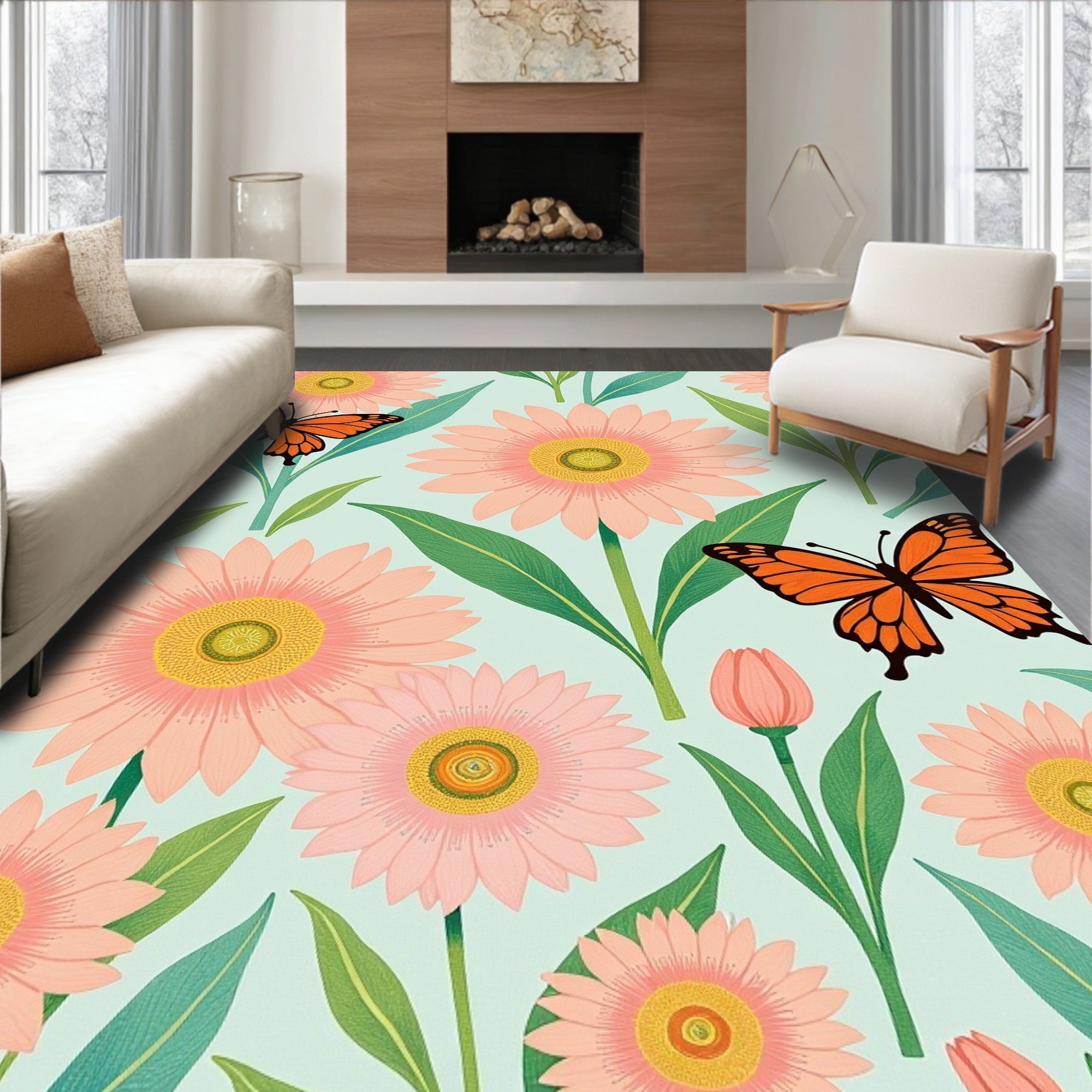 Coral Floral Butterfly Garden Rug