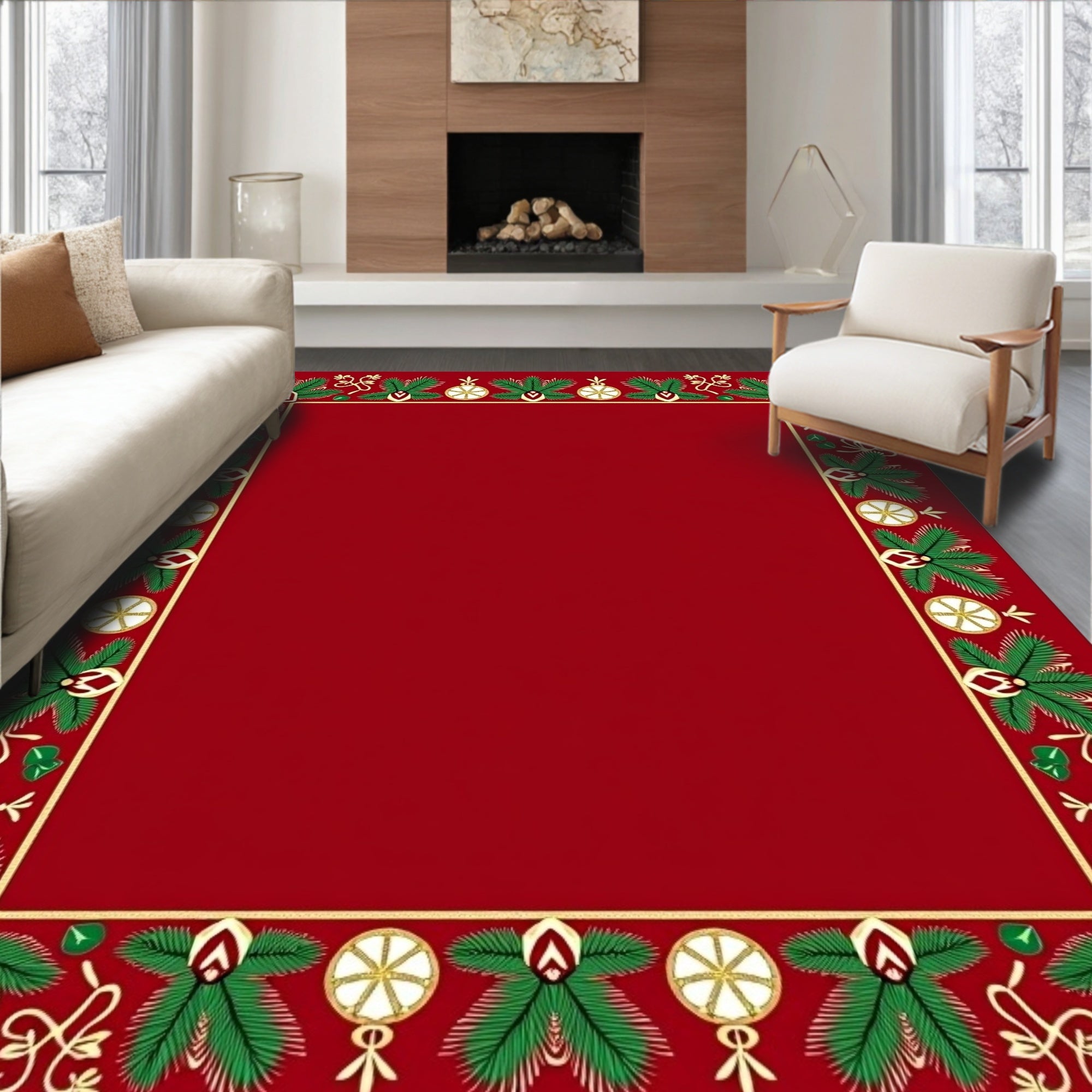 Red Pine Garland Ornament Border Rug