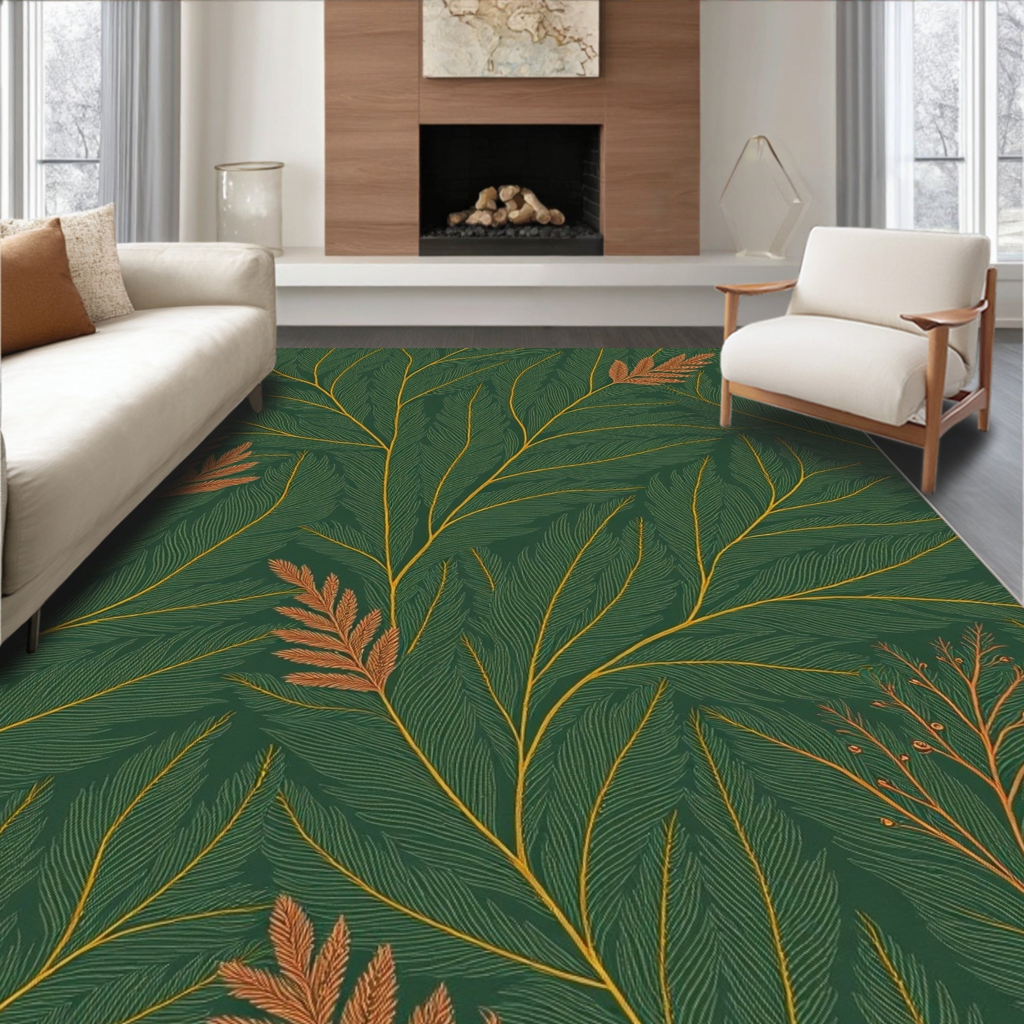 Deep Green Fern and Branch Vines Rug