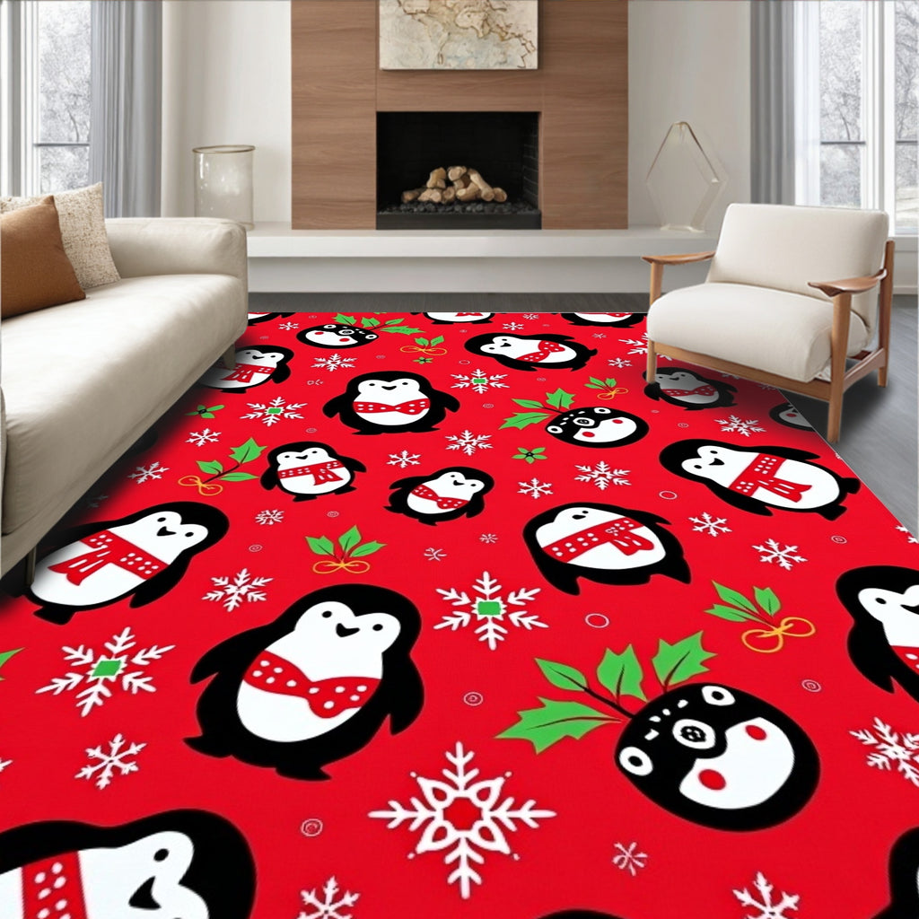 Festive Red Penguin Snowflake Medley Rug