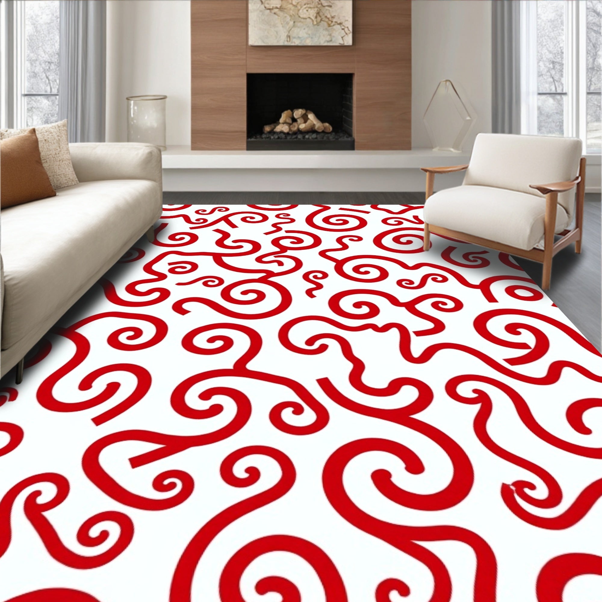Crimson Swirls Whimsical Curve Rug