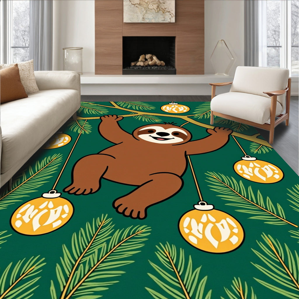 Whimsical Sloth Christmas Ornaments Green Rug