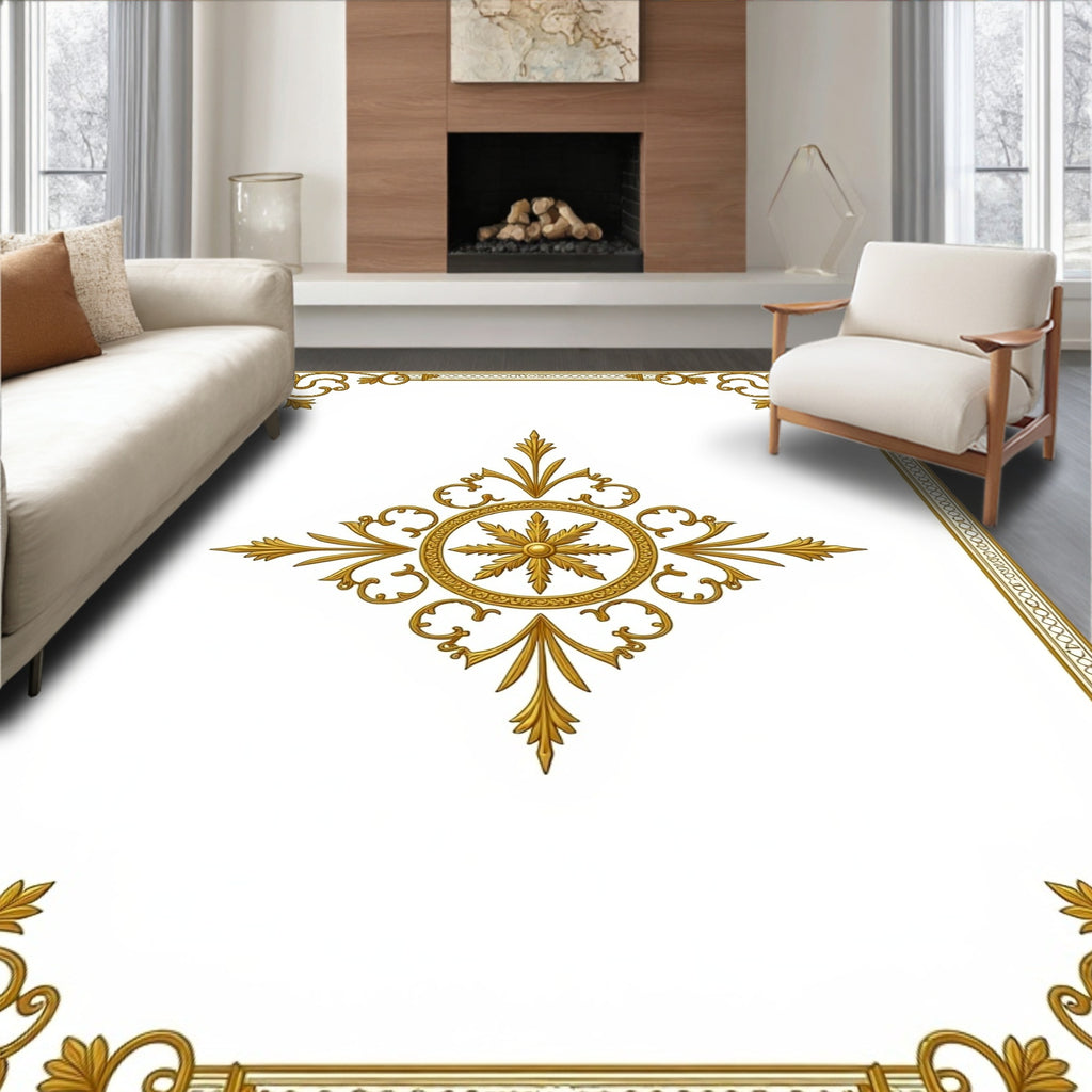 Gold Ornate Floral Medallion Border Rug