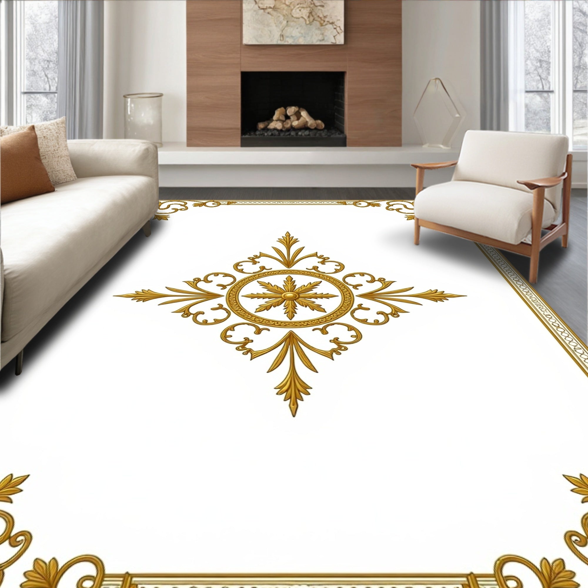 Gold Ornate Floral Medallion Border Rug