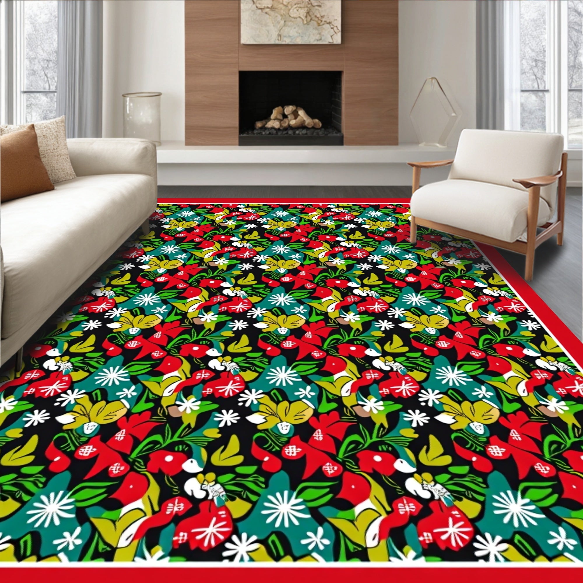 Vibrant Red Floral Jungle Whimsy Rug