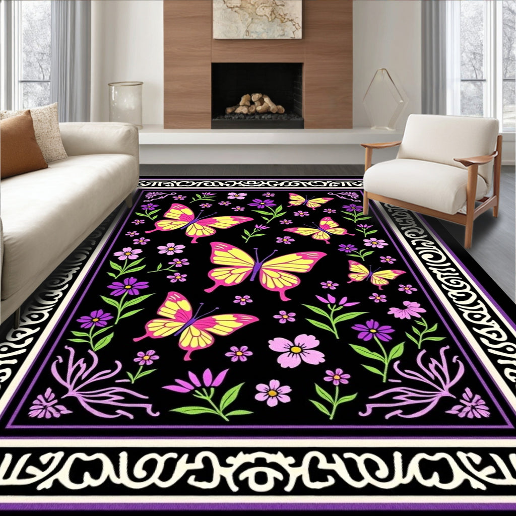 Vibrant Yellow Pink Butterfly Garden Rug