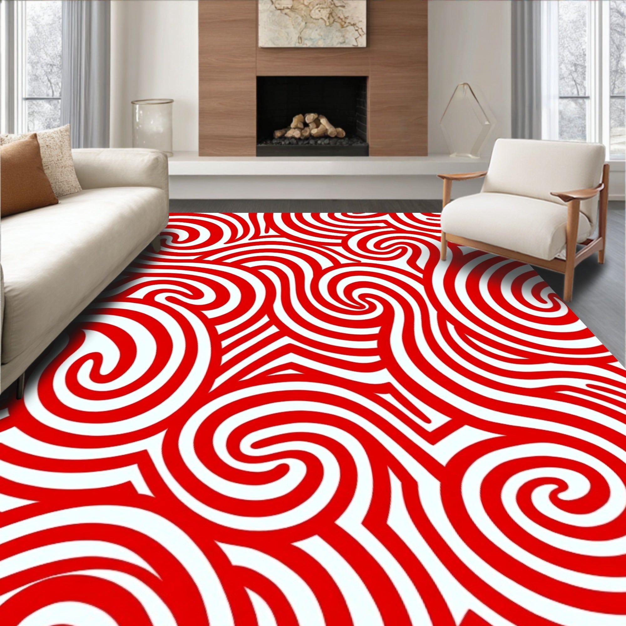 Bold Red Swirl Line Art Rug