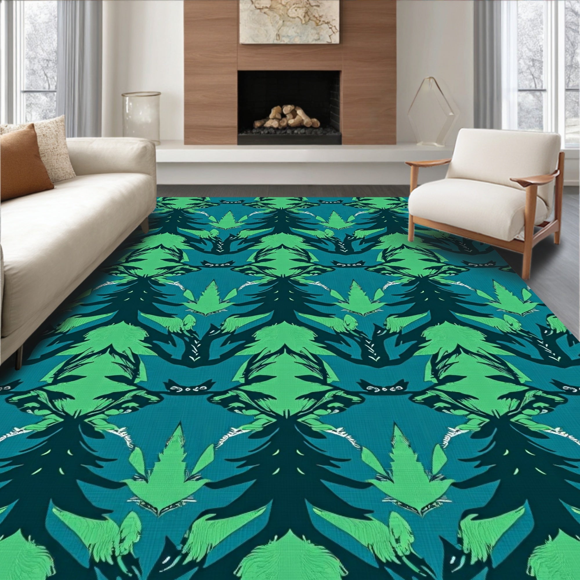 Deep Teal Green Forest Symmetry Rug