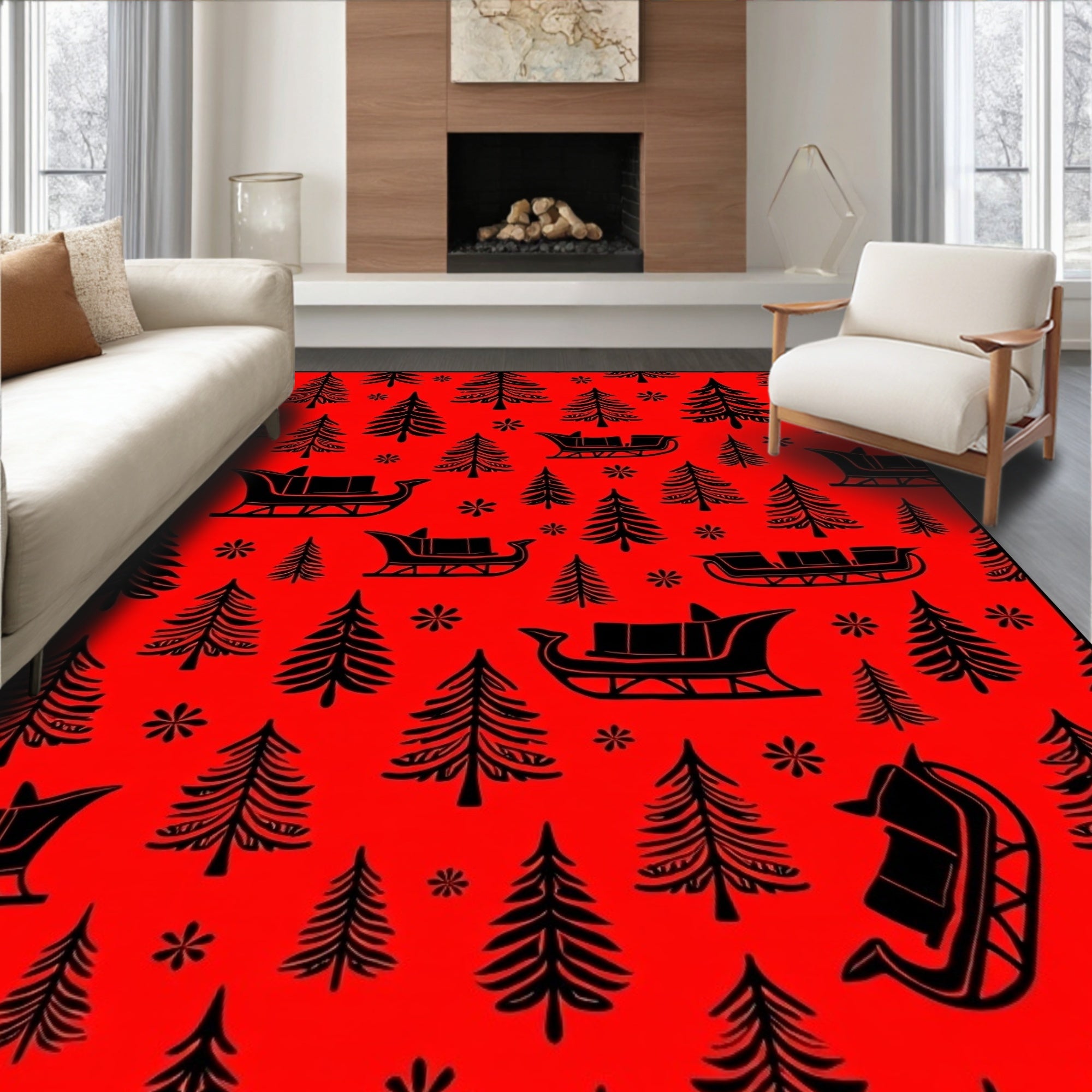 Red Black Christmas Sleigh Trees Rug