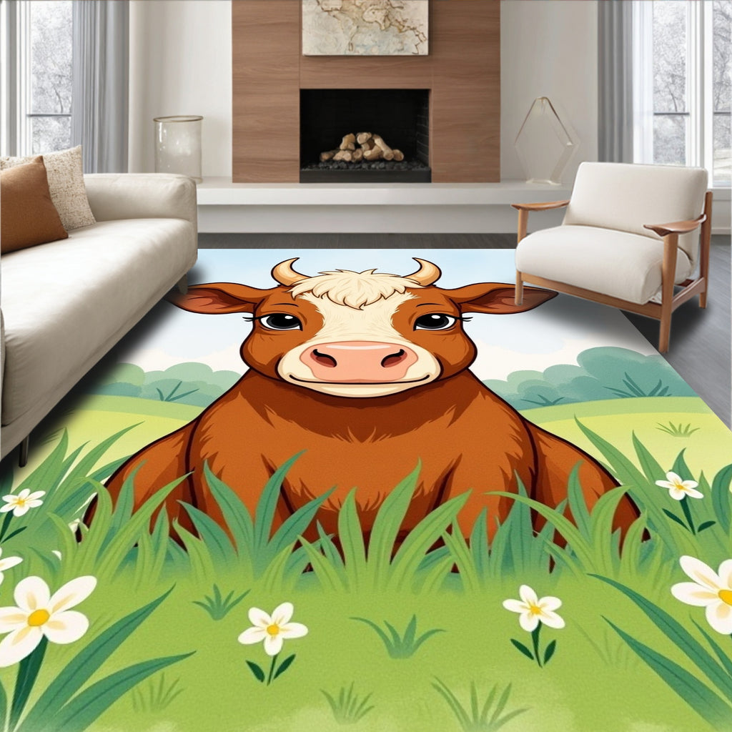 Whimsical Brown Cow Amongst White Flowers Rug