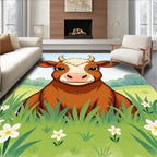 Whimsical Brown Cow Amongst White Flowers Rug