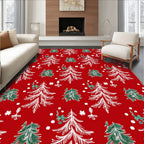 Red White Green Festive Trees Snowflakes Rug