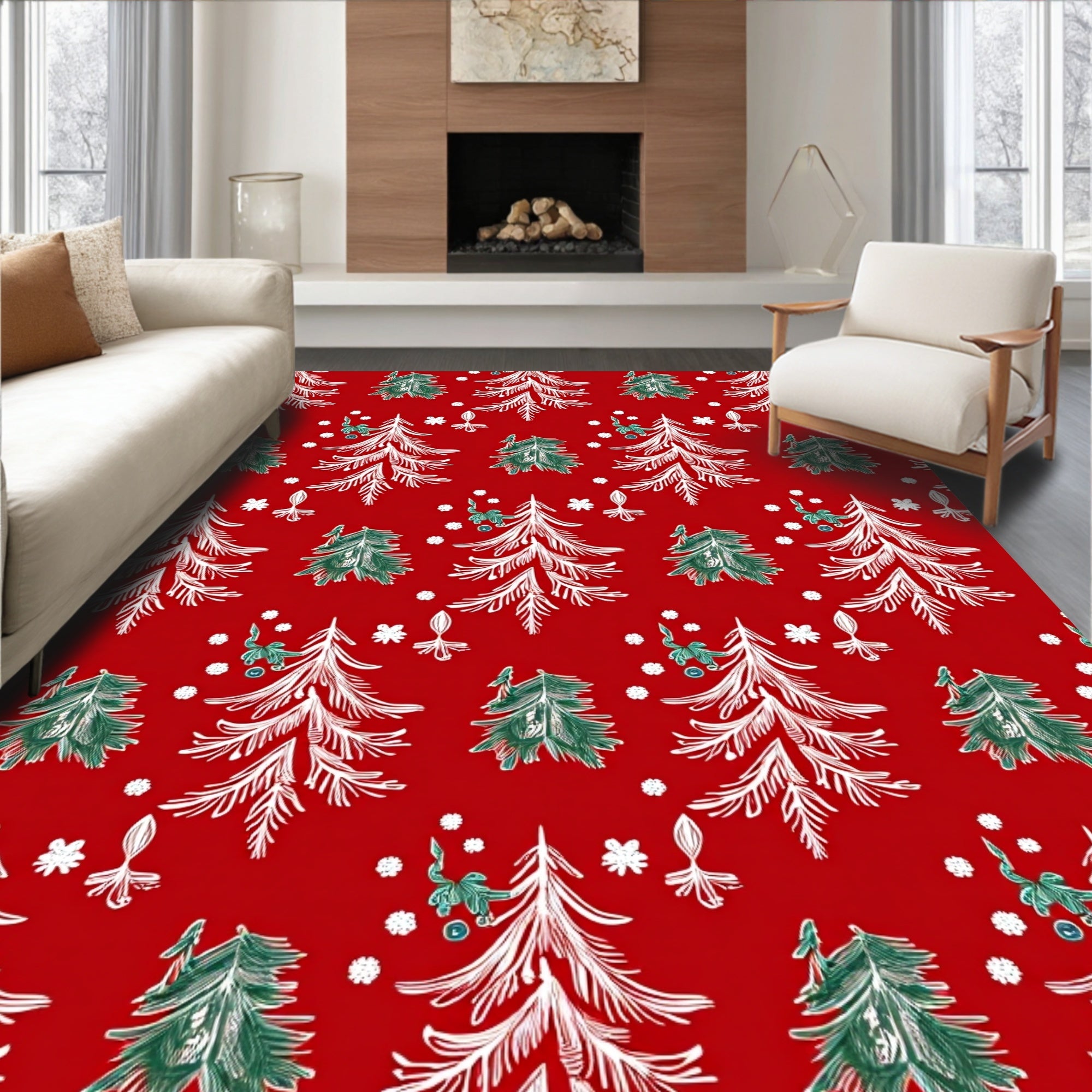 Red White Green Festive Trees Snowflakes Rug
