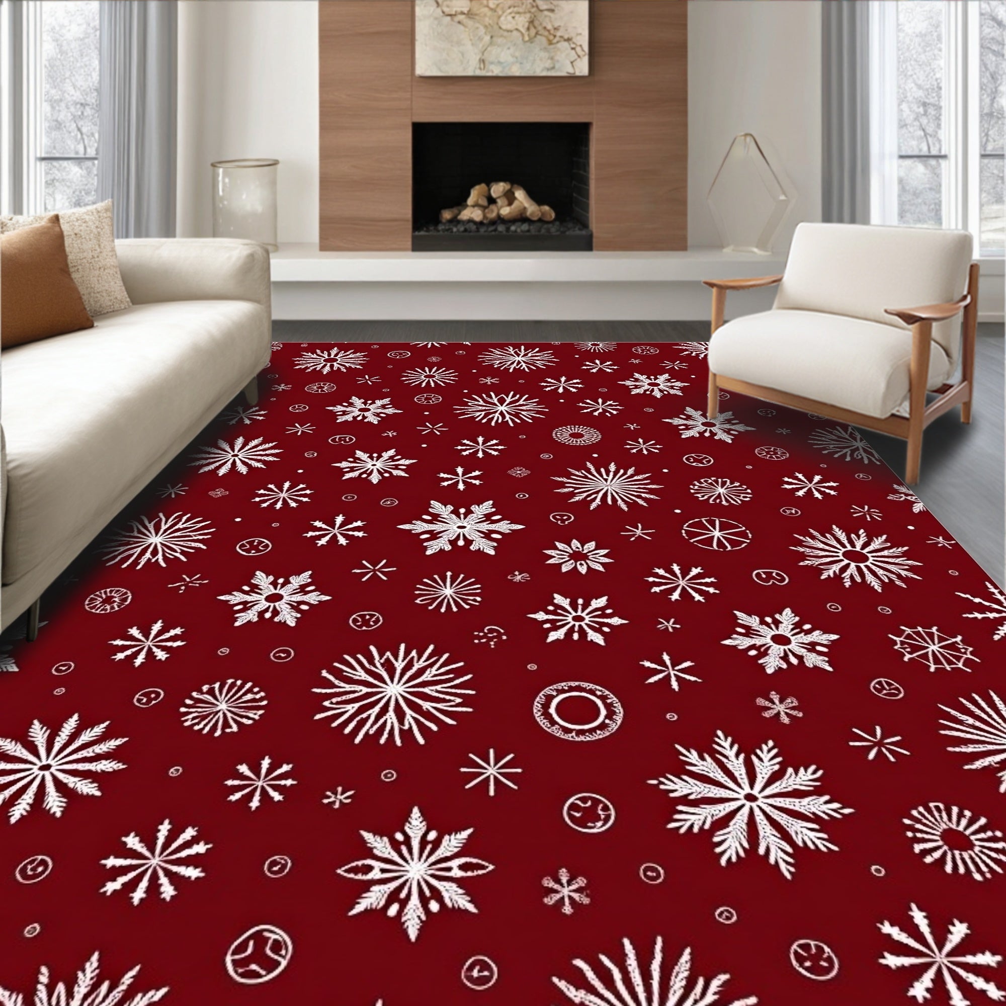 Crimson White Snowflakes Garland Rug