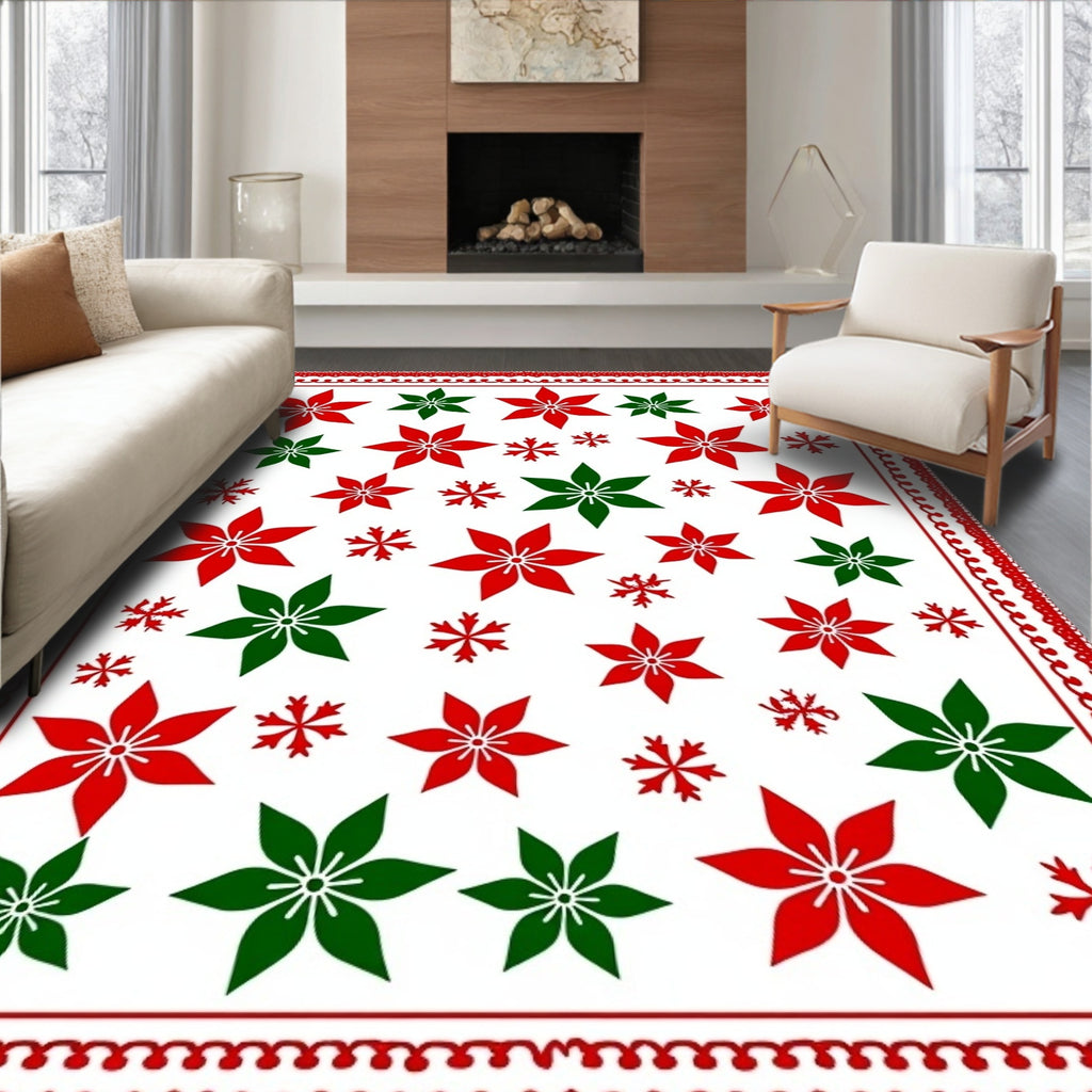 Red Green Poinsettia Snowflake Medallion Rug