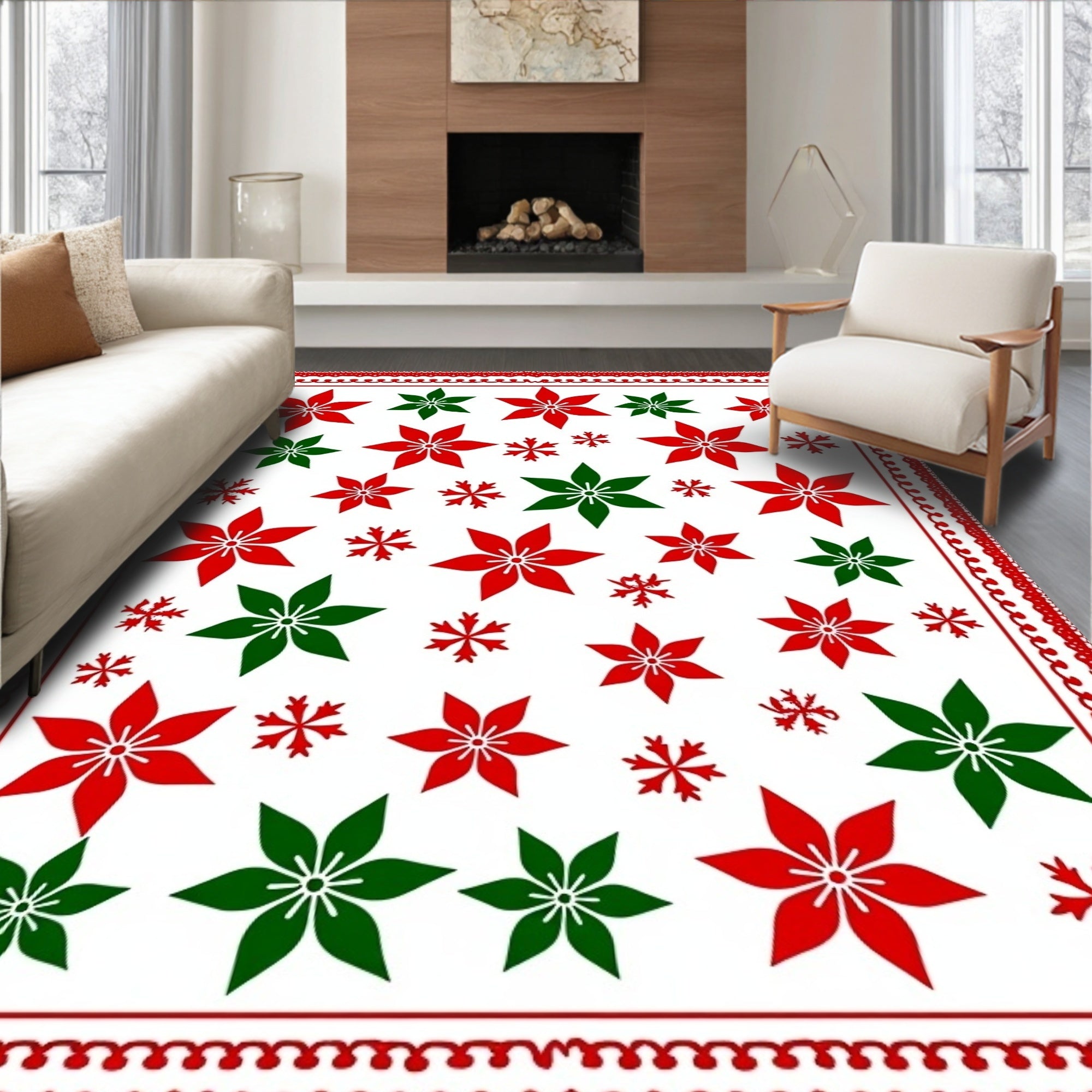 Red Green Poinsettia Snowflake Medallion Rug