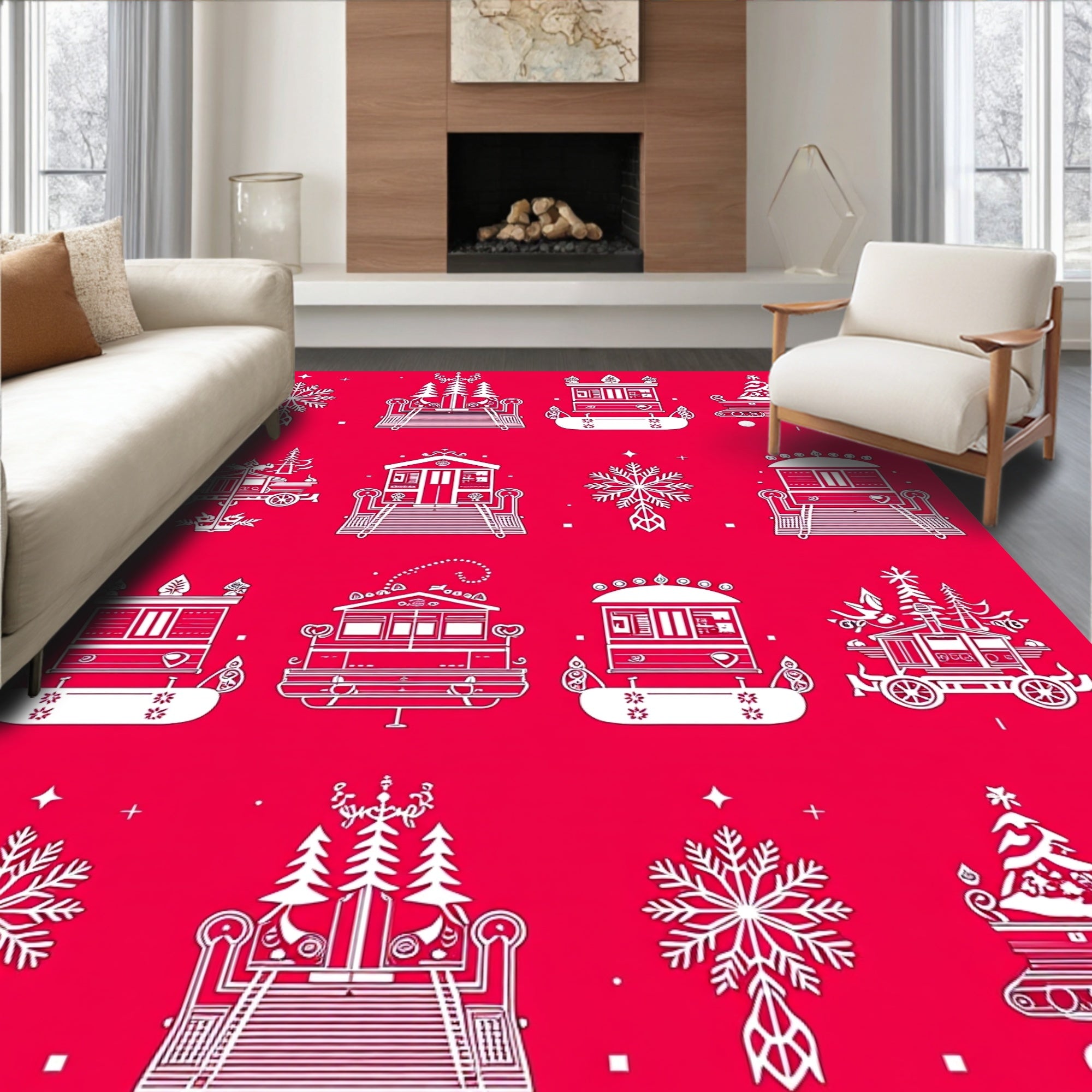Festive Holiday Train Snowflake Collection Rug