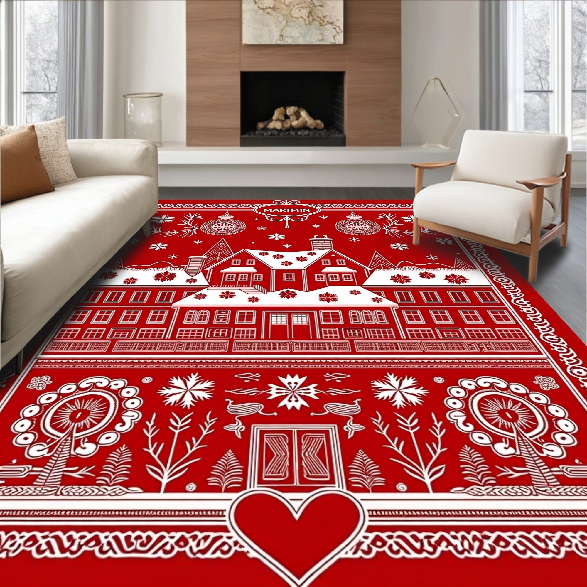Red White Scandinavian Village Folk Art Rug