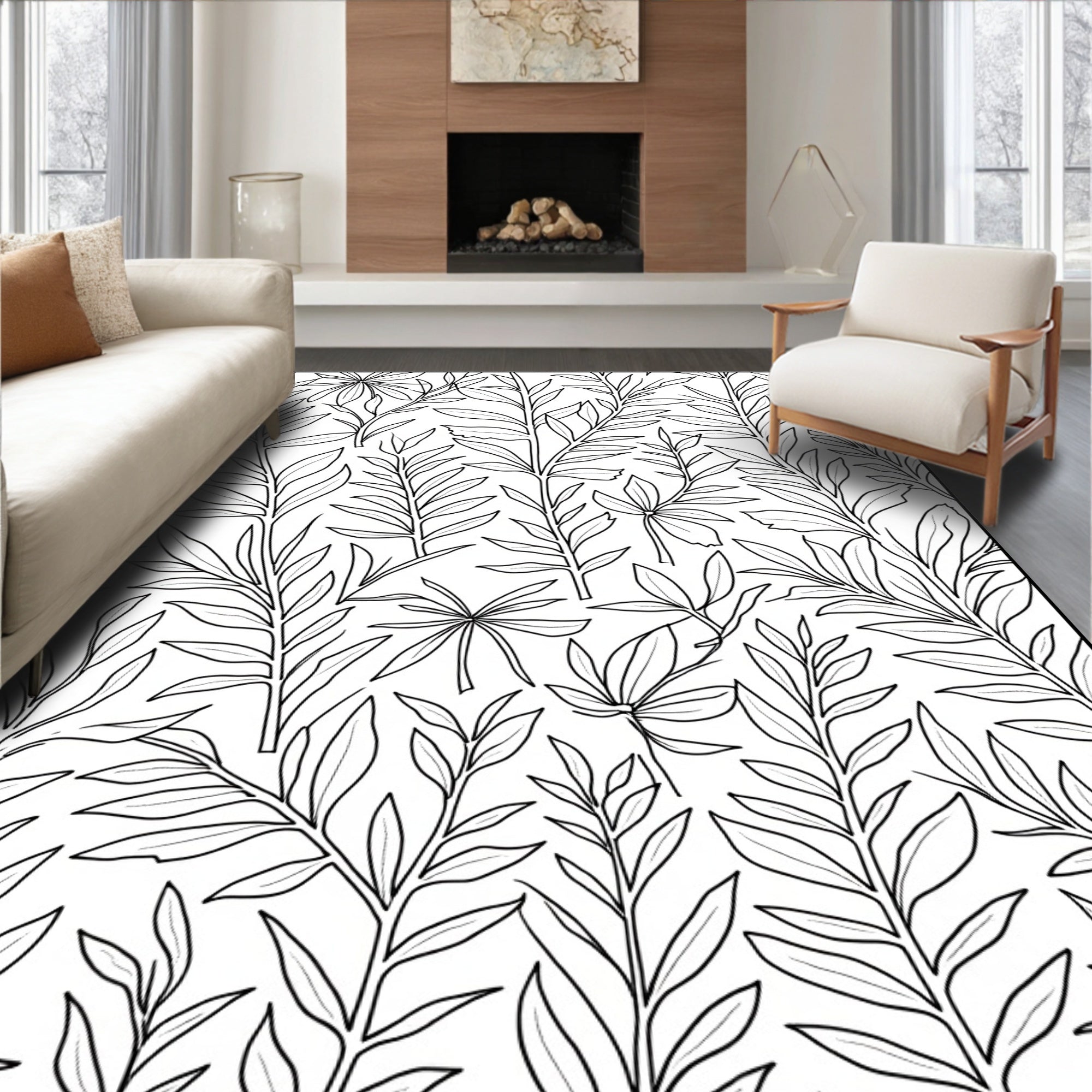 Line Art Tropical Leaf Arrangement Rug