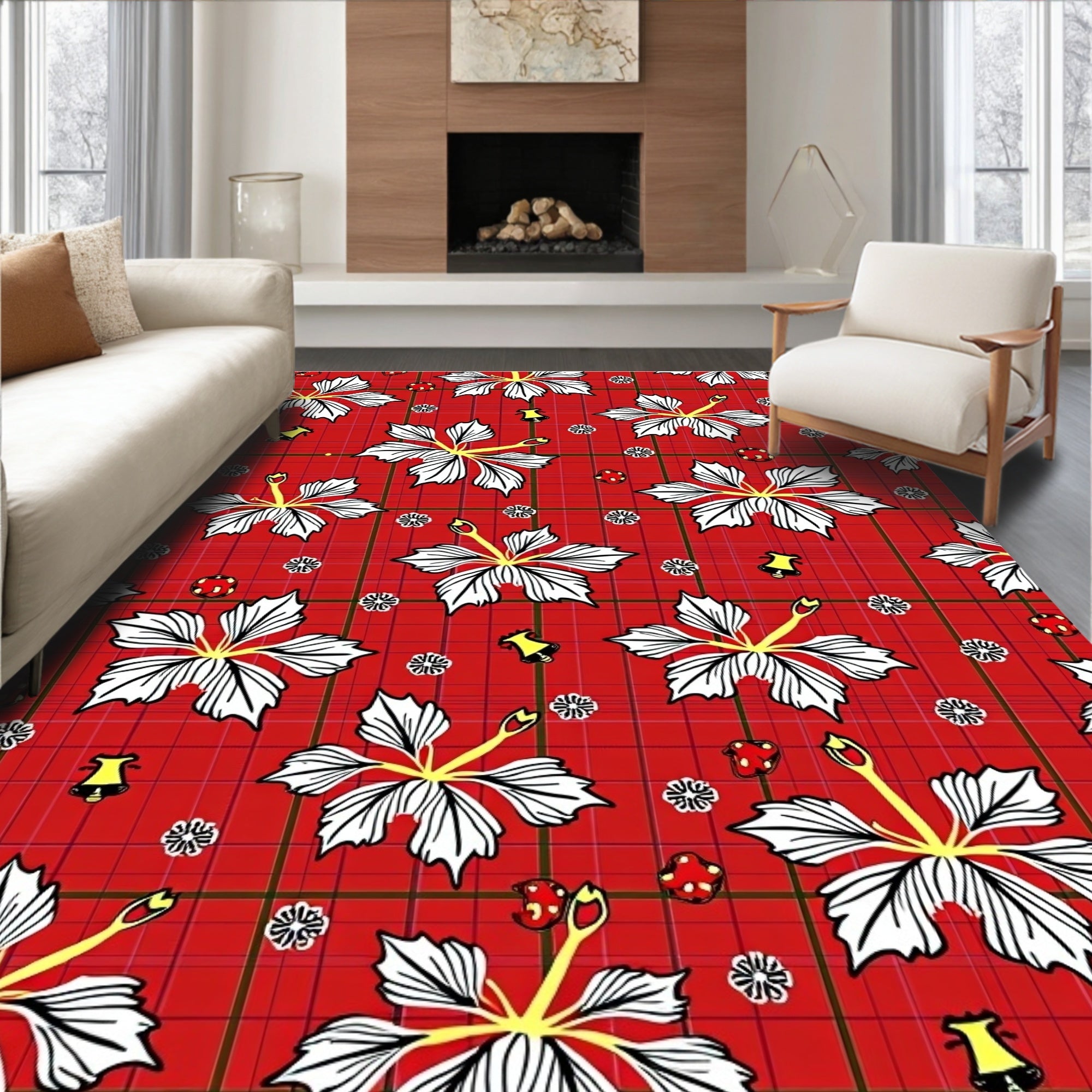 Red Floral Hibiscus Tartan Charm Rug