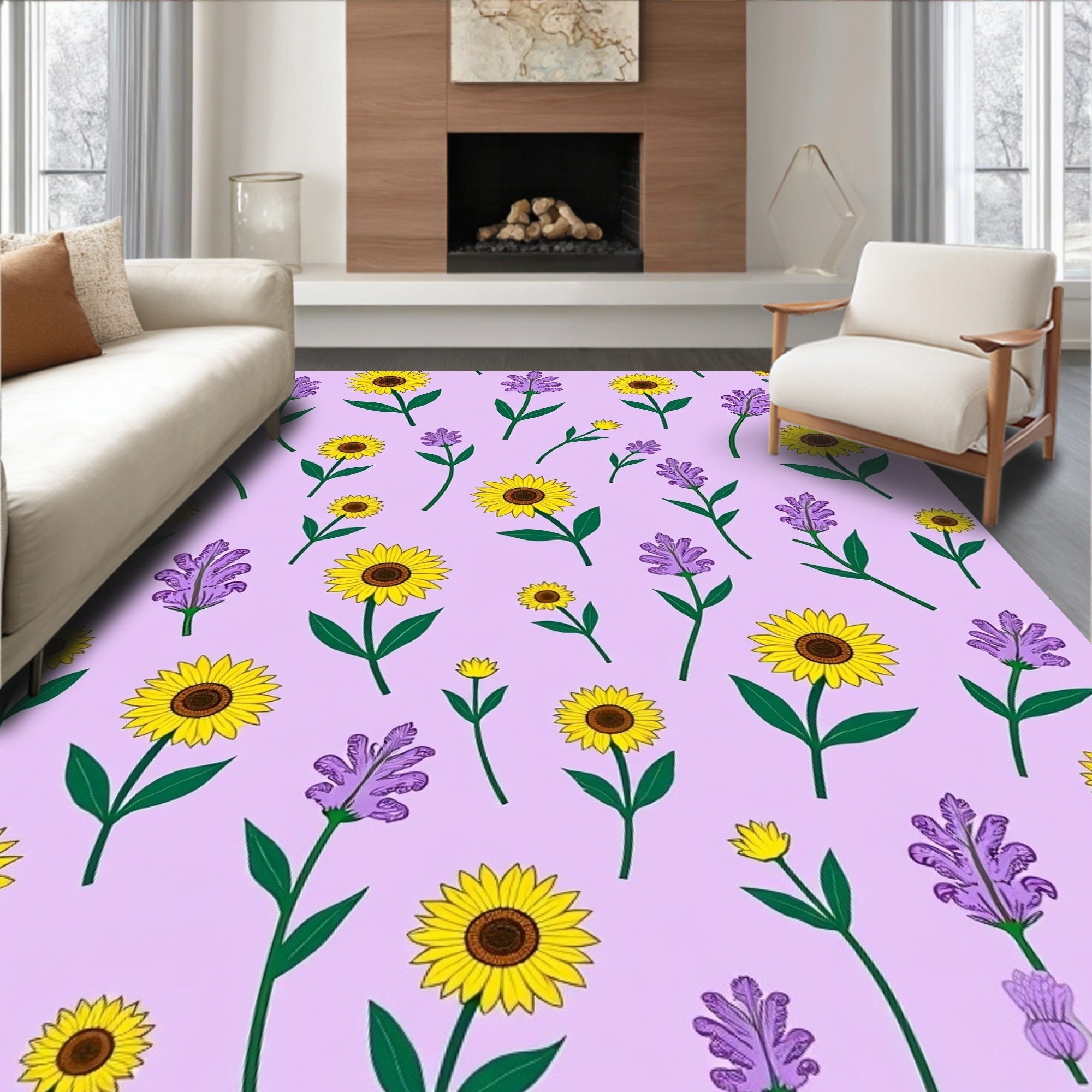 Golden Sunflowers Lavender Sprigs Meadow Rug
