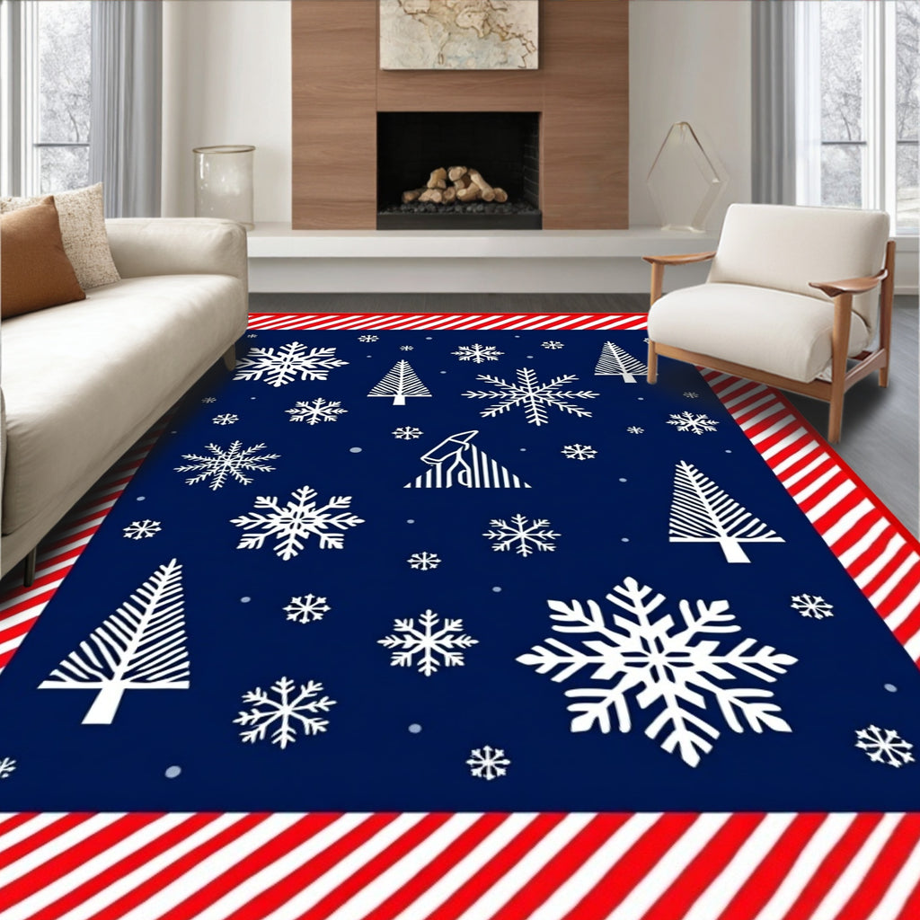 Navy White Red Snowfall Trees Border Rug