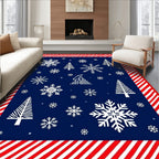 Navy White Red Snowfall Trees Border Rug